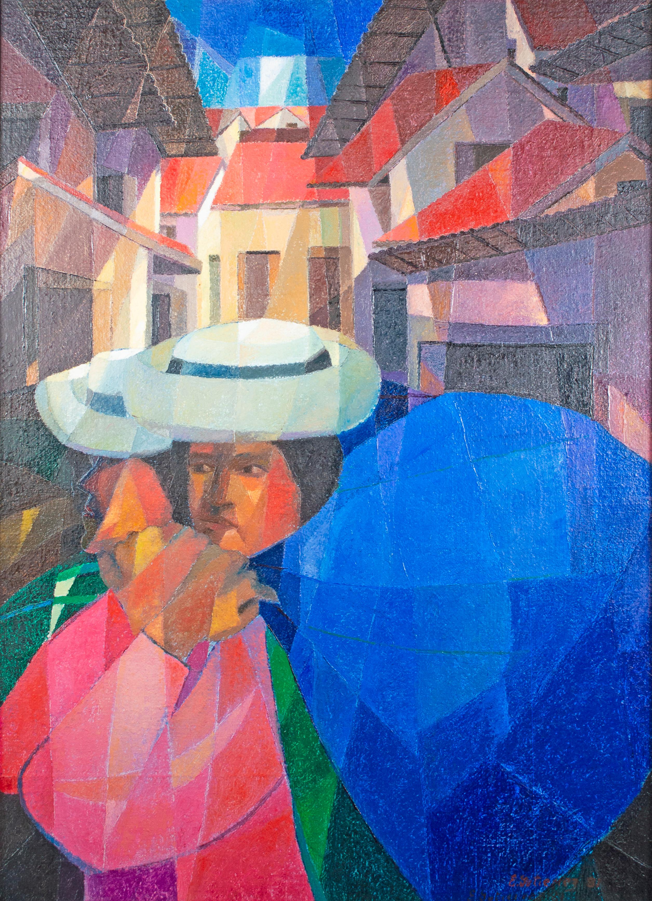 Quadro figurativo contemporaneo ad olio con texture cubista urbana città colorata firmato - Painting di Ernesto Gutierrez (b.1941)