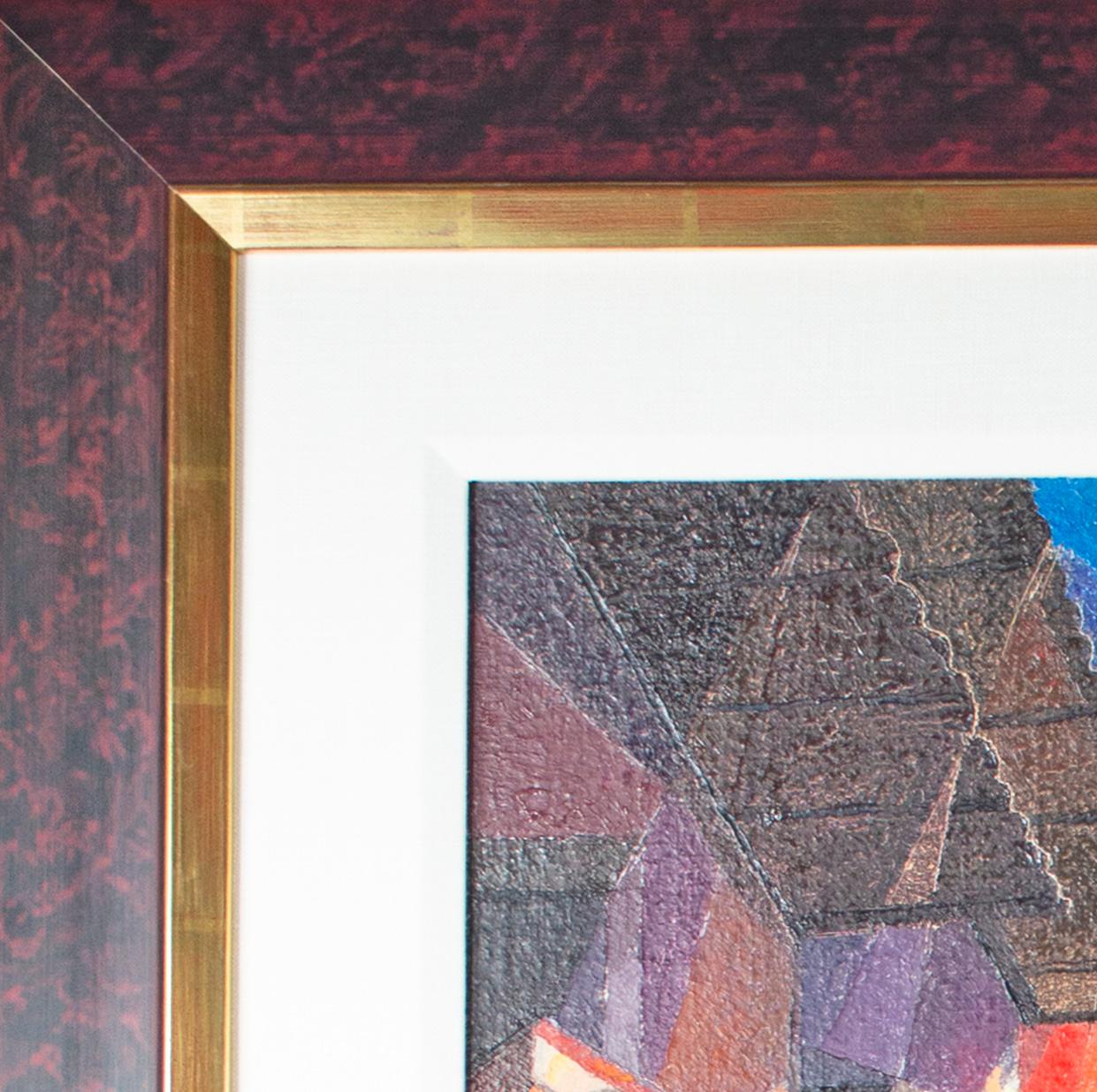 Quadro figurativo contemporaneo ad olio con texture cubista urbana città colorata firmato - Painting Contemporaneo di Ernesto Gutierrez (b.1941)