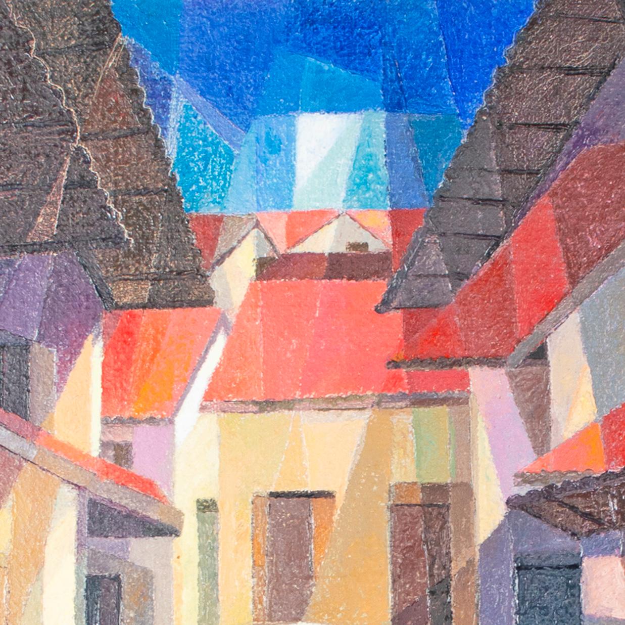 'Cubistic Cityscape' original signed oil painting by Ernesto Gutierrez - Contemporary Painting by Ernesto Gutierrez (b.1941)