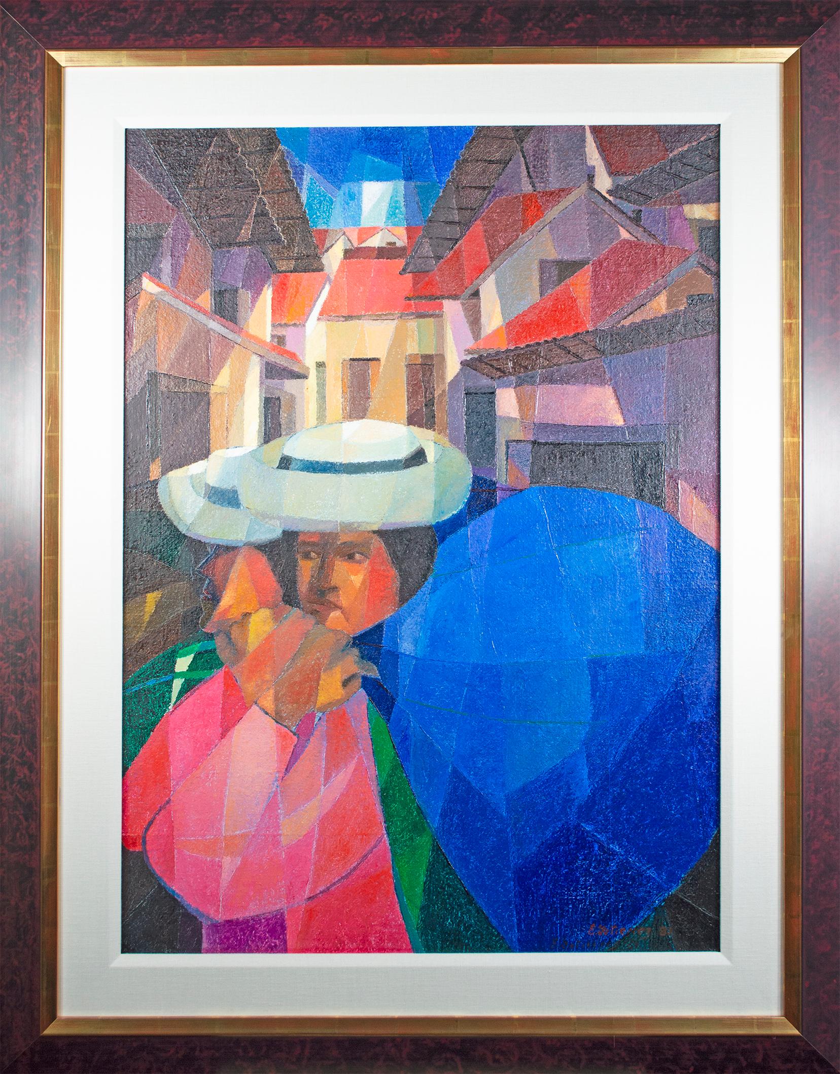 Figurative Painting di Ernesto Gutierrez (b.1941) - Quadro figurativo contemporaneo ad olio con texture cubista urbana città colorata firmato