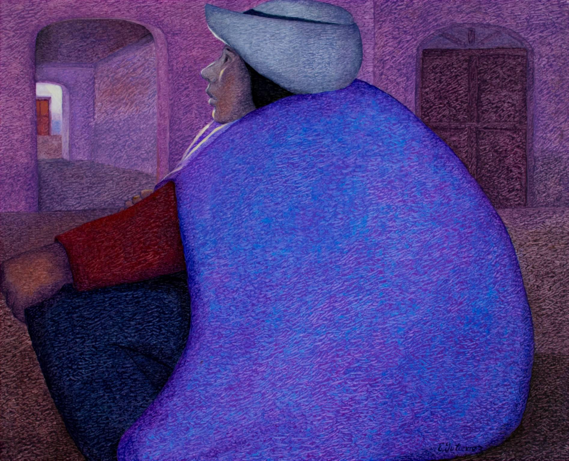Pintura al óleo contemporánea figurativa con textura mujer nocturna colorida firmada - Painting de Ernesto Gutierrez (b.1941)