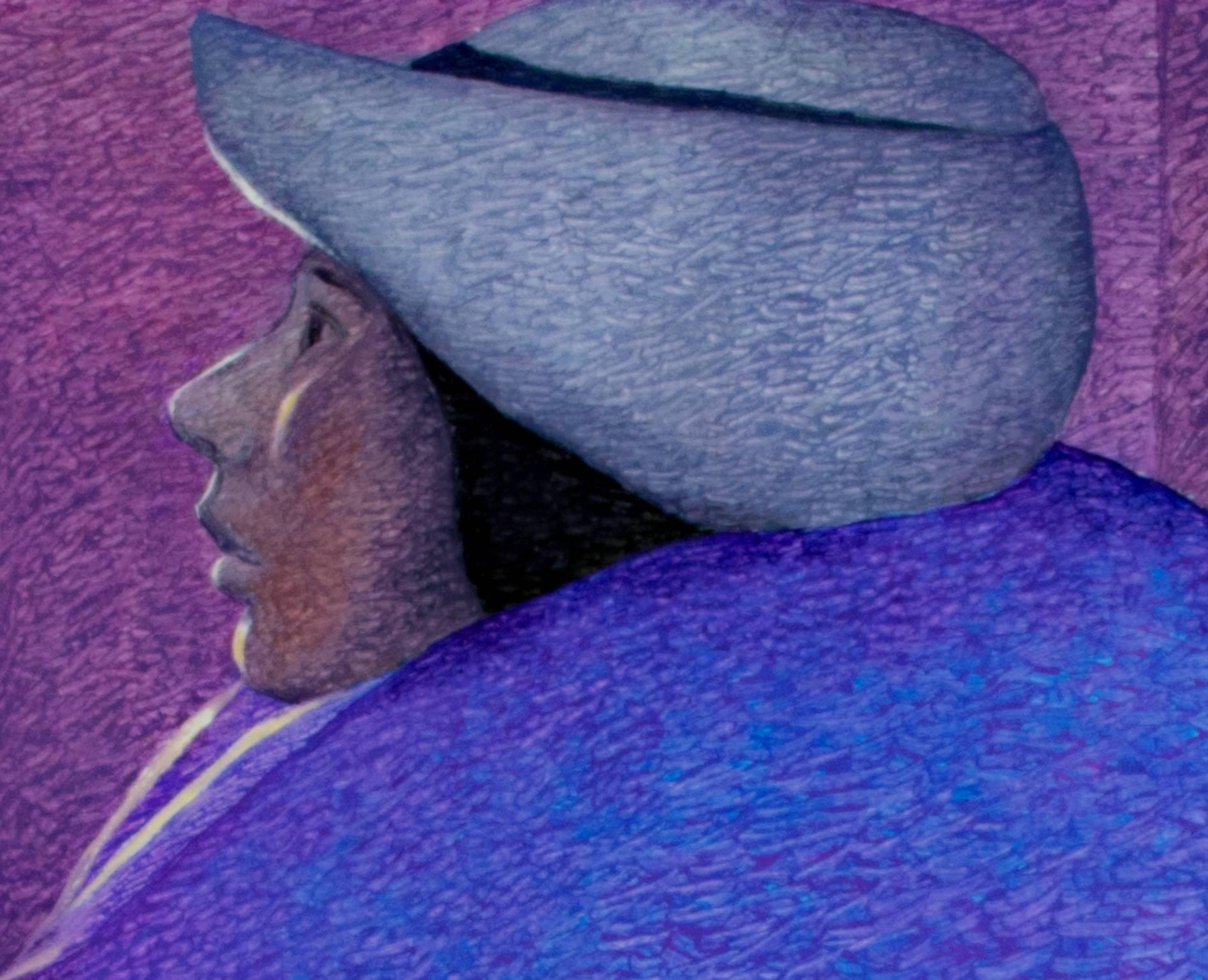 Pintura al óleo contemporánea figurativa con textura mujer nocturna colorida firmada - Figurative Painting Púrpura de Ernesto Gutierrez (b.1941)