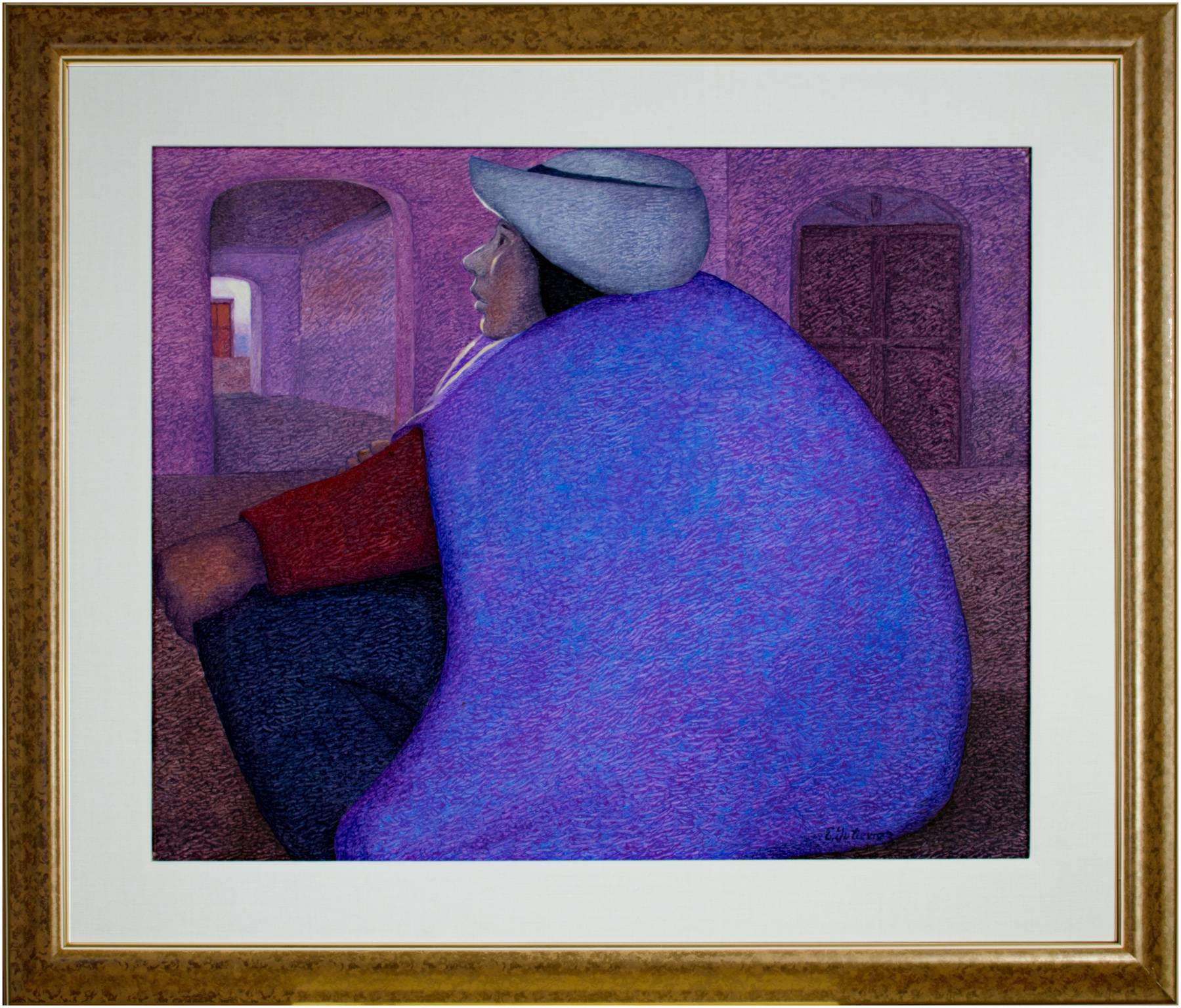 Ernesto Gutierrez (b.1941) Figurative Painting - "Descanso, Peru (Woman), " an Oil on Jute signed by Ernesto Gutierrez