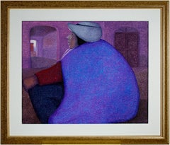 Peinture à l'huile contemporaine figurative texturée femme de nuit colorée signée