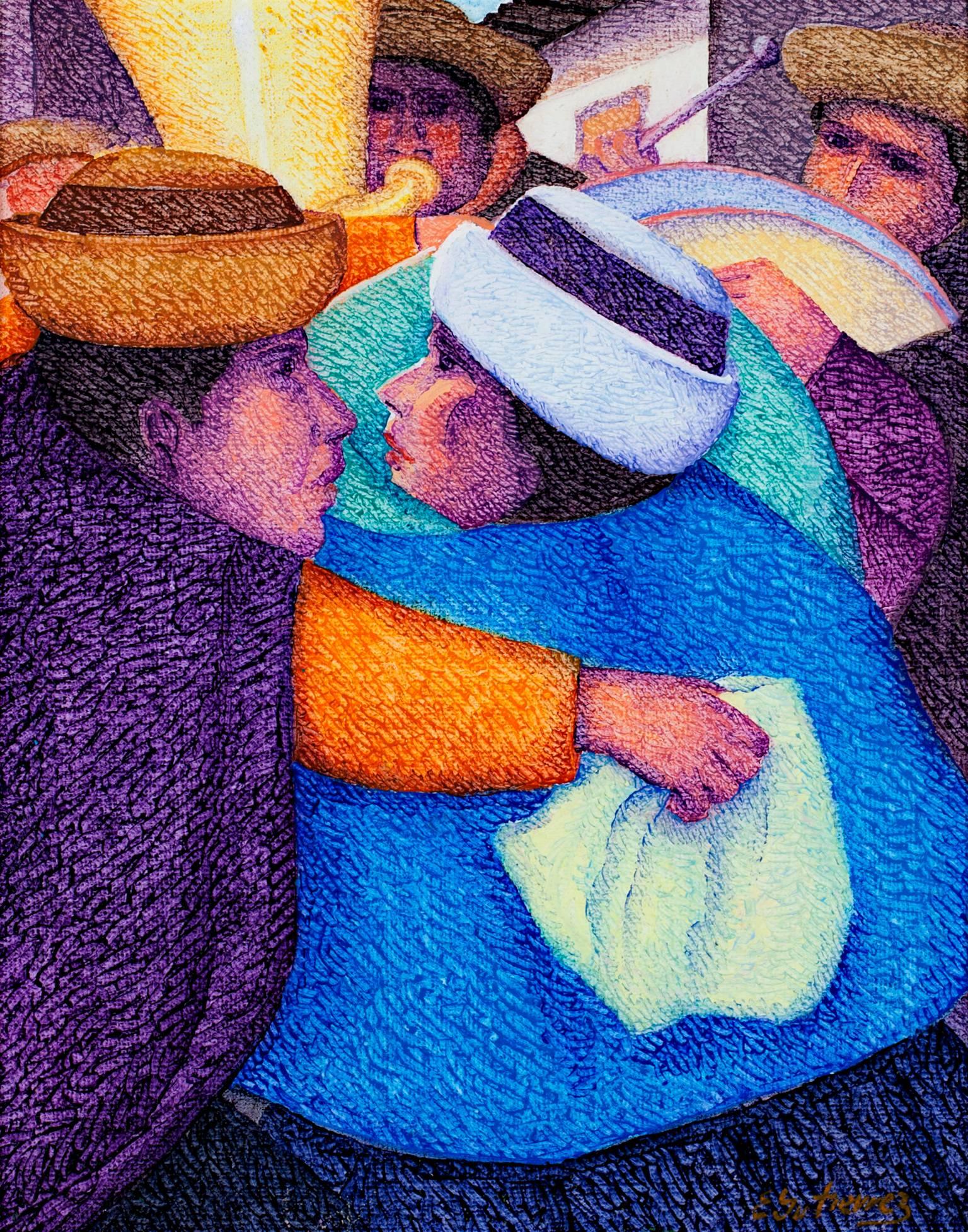 Peinture à l'huile contemporaine figurative texturée chapeaux colorés signée. - Painting de Ernesto Gutierrez (b.1941)