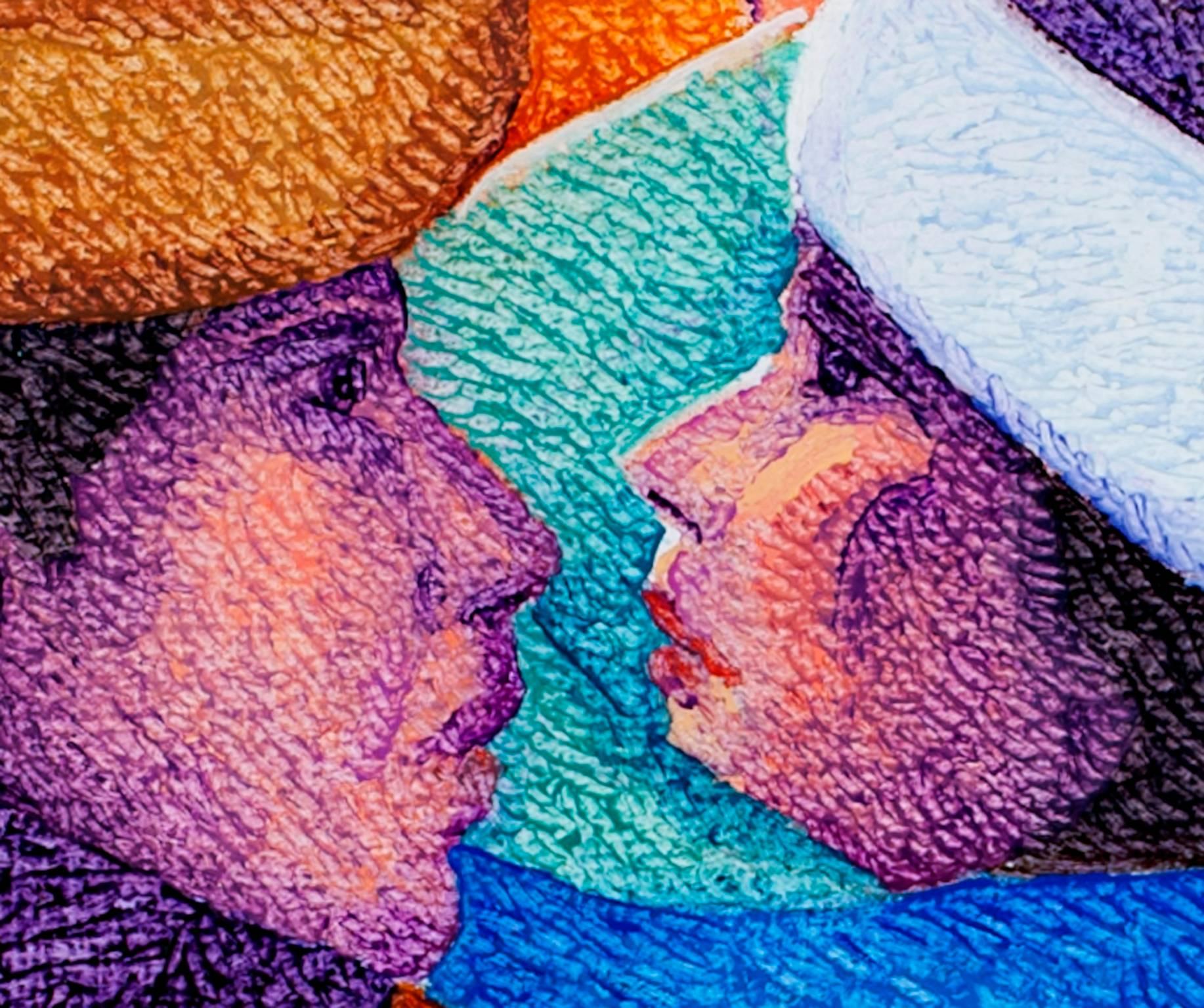 Pintura al óleo figurativa contemporánea con textura sombreros de colores firmada - Figurative Painting Negro de Ernesto Gutierrez (b.1941)