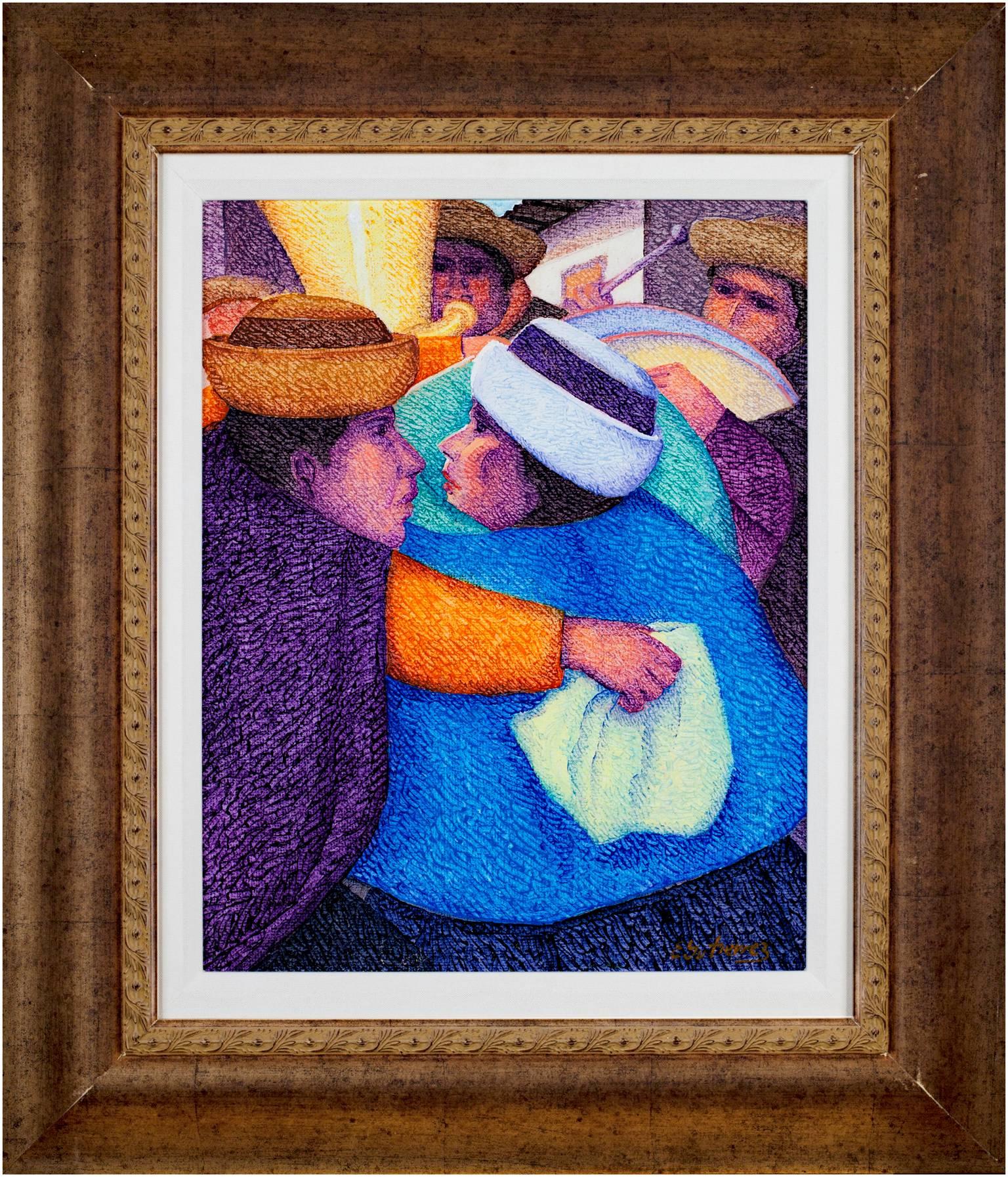 Figurative Painting Ernesto Gutierrez (b.1941) - Peinture à l'huile contemporaine figurative texturée chapeaux colorés signée.