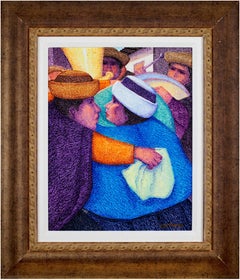Peinture à l'huile contemporaine figurative texturée chapeaux colorés signée.