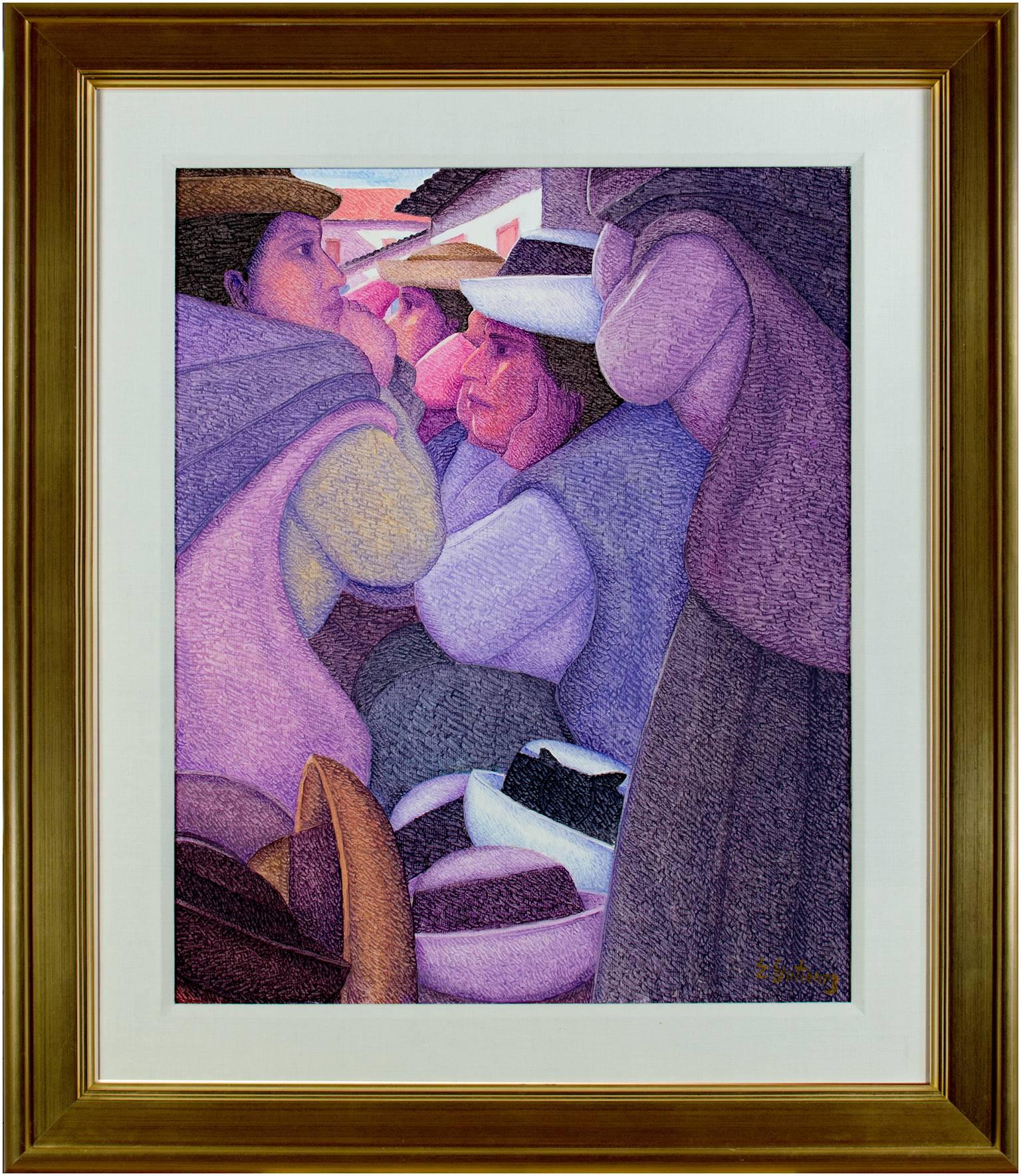 Pintura al óleo contemporánea figurativa con textura mujer mercado colorido firmada en venta 1