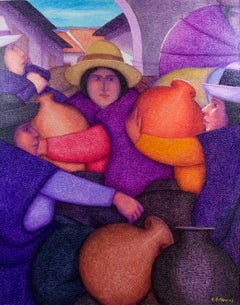 Contemporary figurative textured oil painting woman marketplace colorful signed