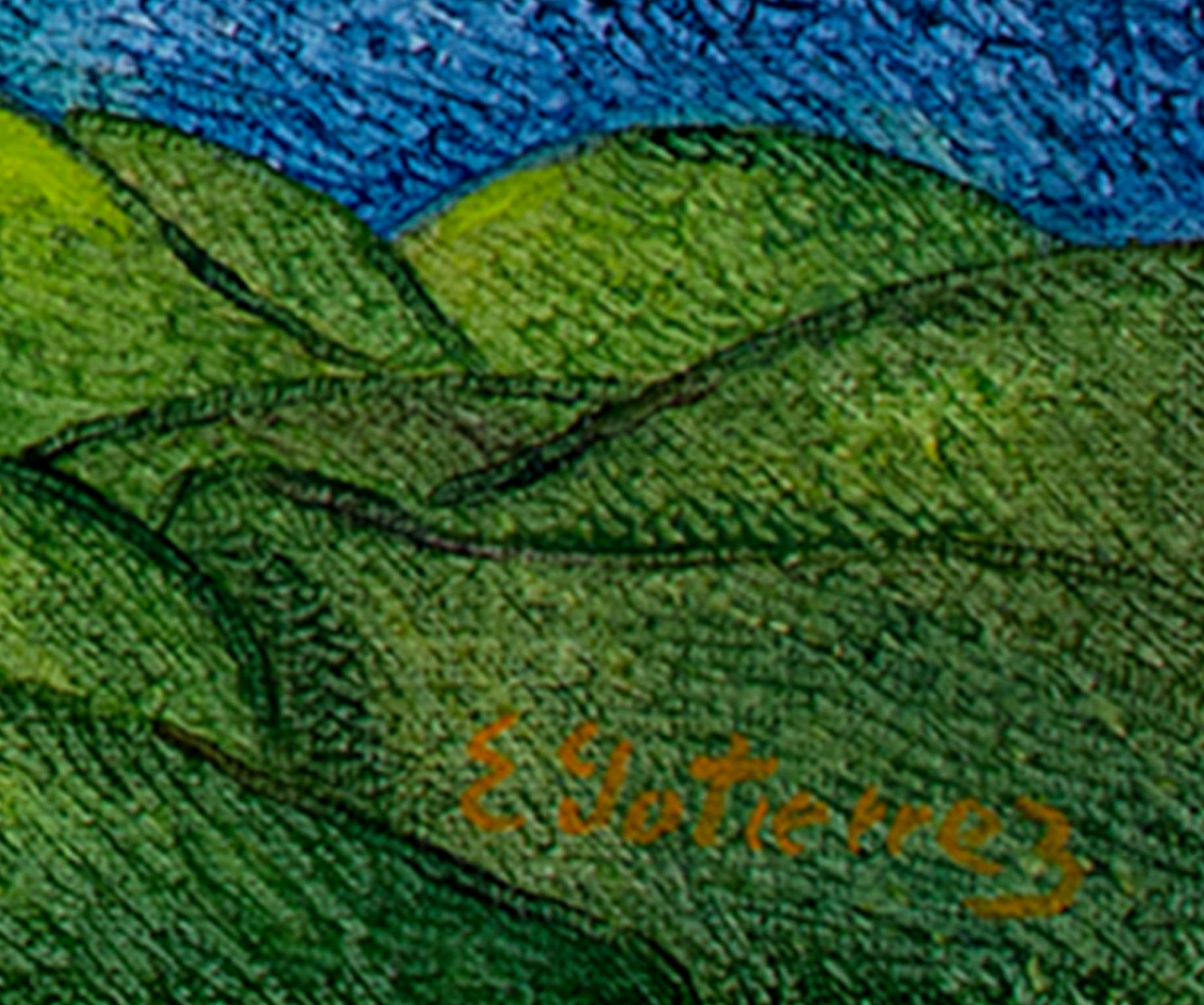Pintura al óleo contemporánea figurativa con textura mujer con fruta colorida firmada - Painting de Ernesto Gutierrez (b.1941)