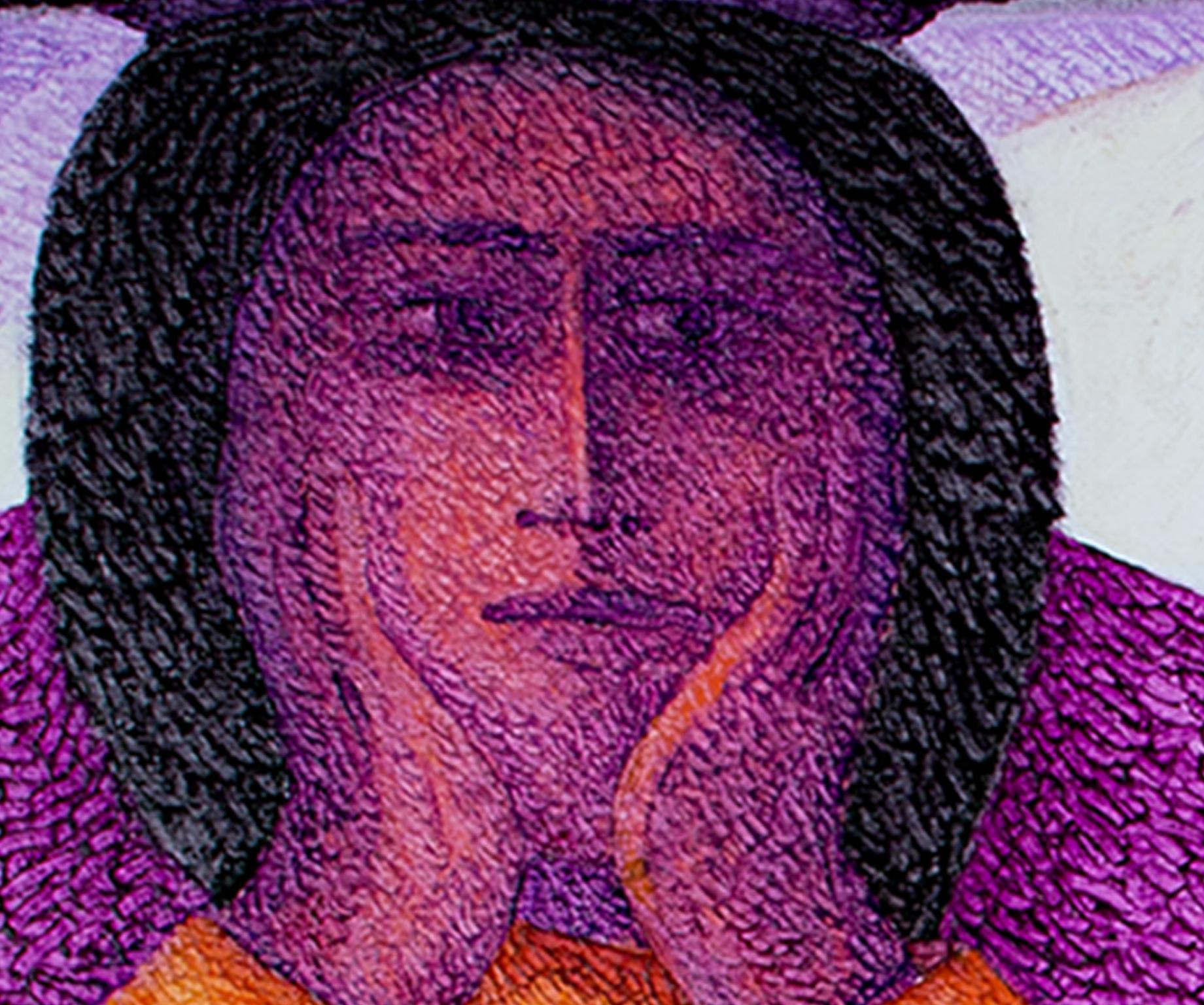 Pintura al óleo contemporánea figurativa con textura mujer con fruta colorida firmada - Figurative Painting Gris de Ernesto Gutierrez (b.1941)