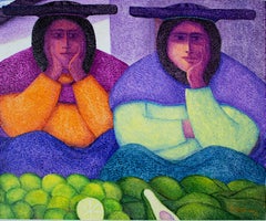 "Fruteras", Huile sur jute signée par Ernesto Gutierrez