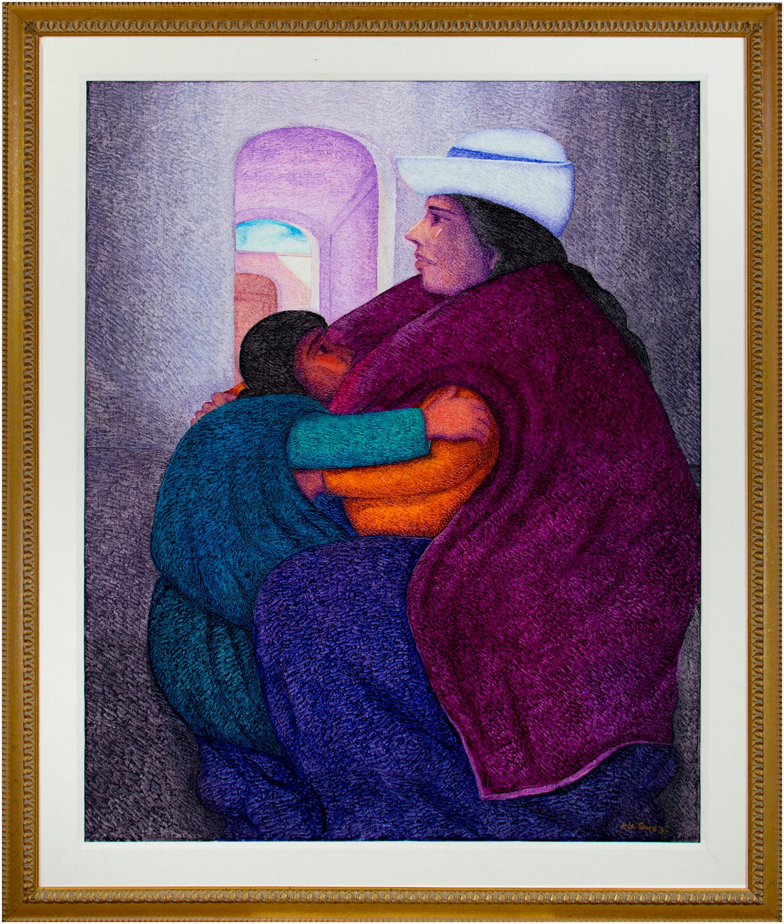 Quadro figurativo contemporaneo ad olio con texture madre e figlio colorato firmato in vendita 1