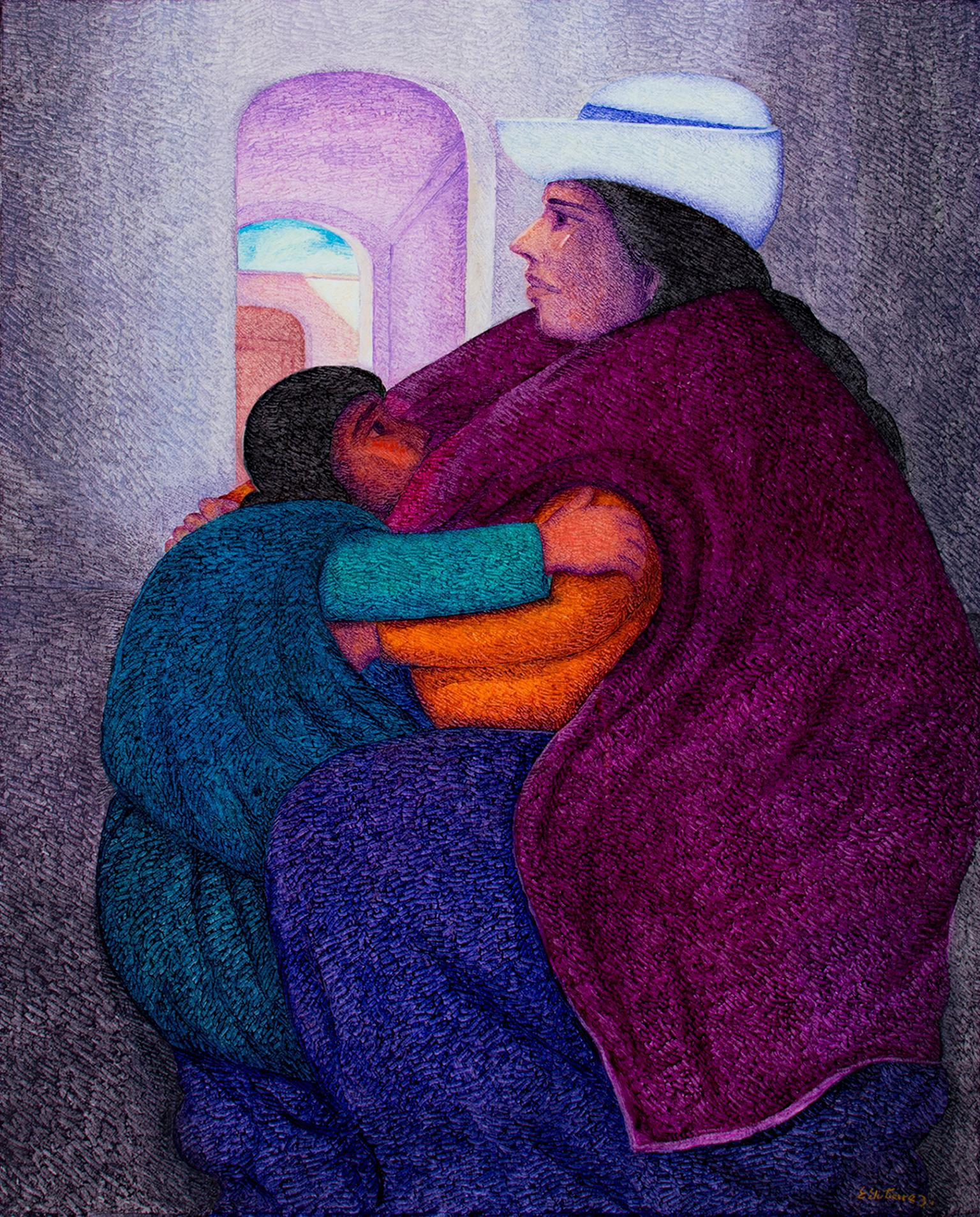 Peinture à l'huile contemporaine figurative texturée mère et enfant colorée signée