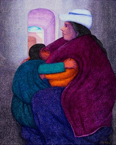 Pintura al óleo figurativa contemporánea con textura madre e hijo en color firmada