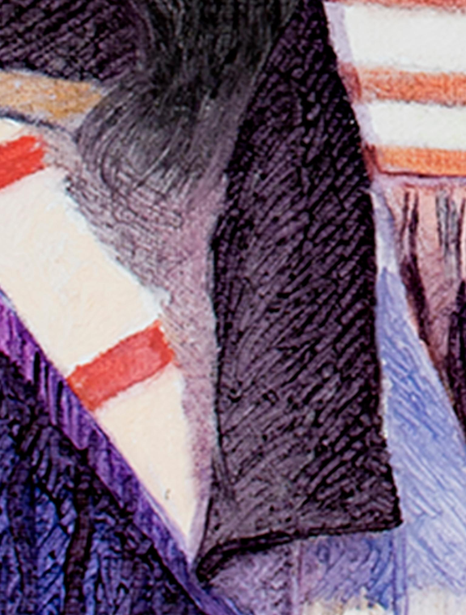 Quadro figurativo contemporaneo ad olio con texture piuma indigena colorata firmato - Portrait Painting Grigio di Ernesto Gutierrez (b.1941)