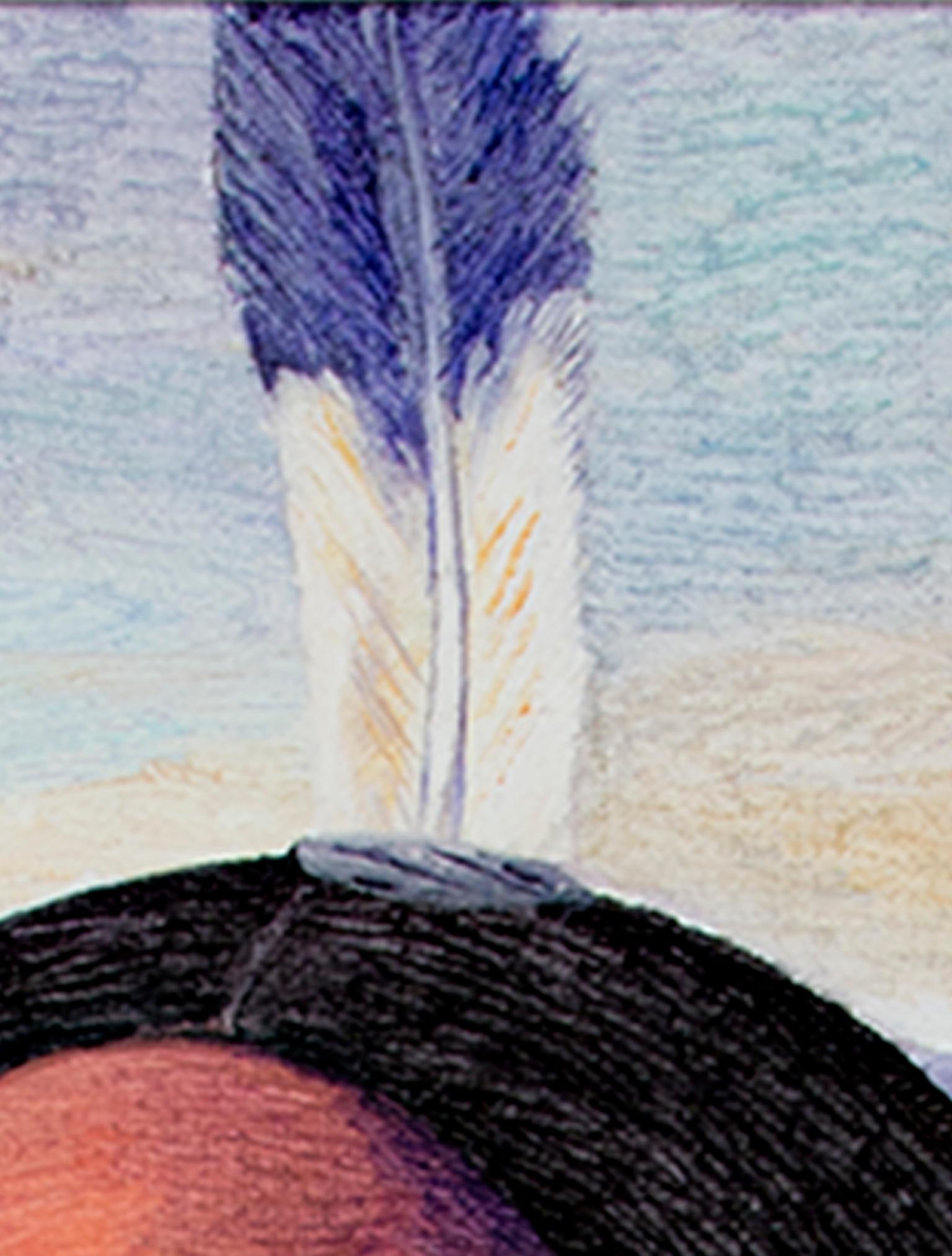 Quadro figurativo contemporaneo ad olio con texture piuma indigena colorata firmato in vendita 1