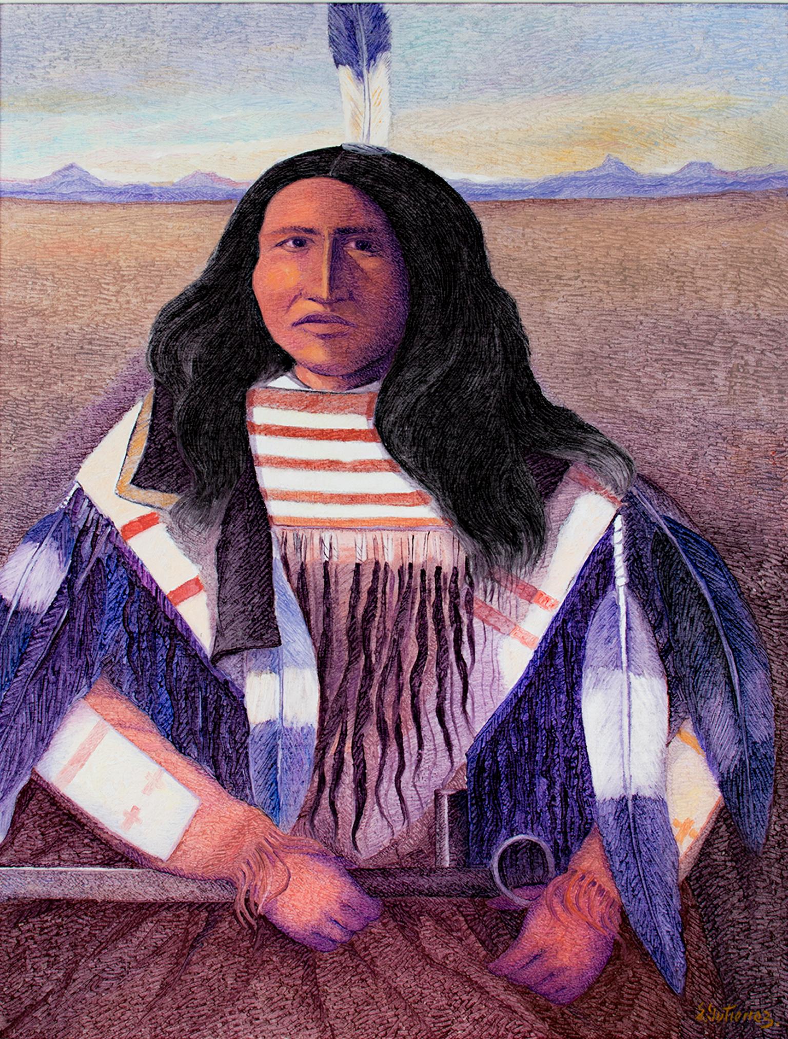 Portrait Painting Ernesto Gutierrez (b.1941) - Peinture à l'huile contemporaine figurative texturée plume indigène colorée signée