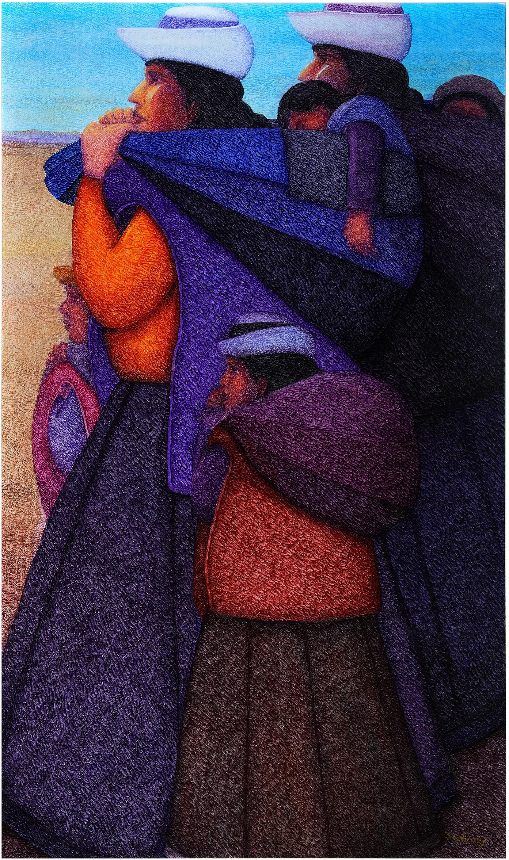 Quadro figurativo contemporaneo ad olio con texture famiglia e bambino colorato firmato - Painting di Ernesto Gutierrez (b.1941)