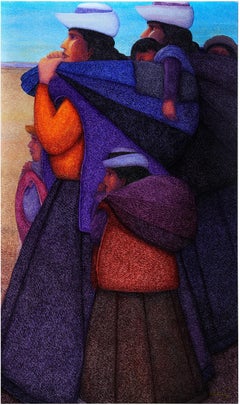 Pintura al óleo contemporánea figurativa con textura familia y niño colorida firmada