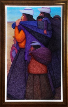 Peinture à l'huile contemporaine figurative texturée famille et enfant colorée signée