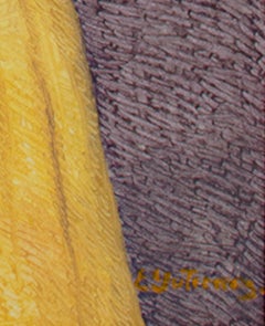 Peinture à l'huile contemporaine figurative texturée femme robe jaune colorée signée