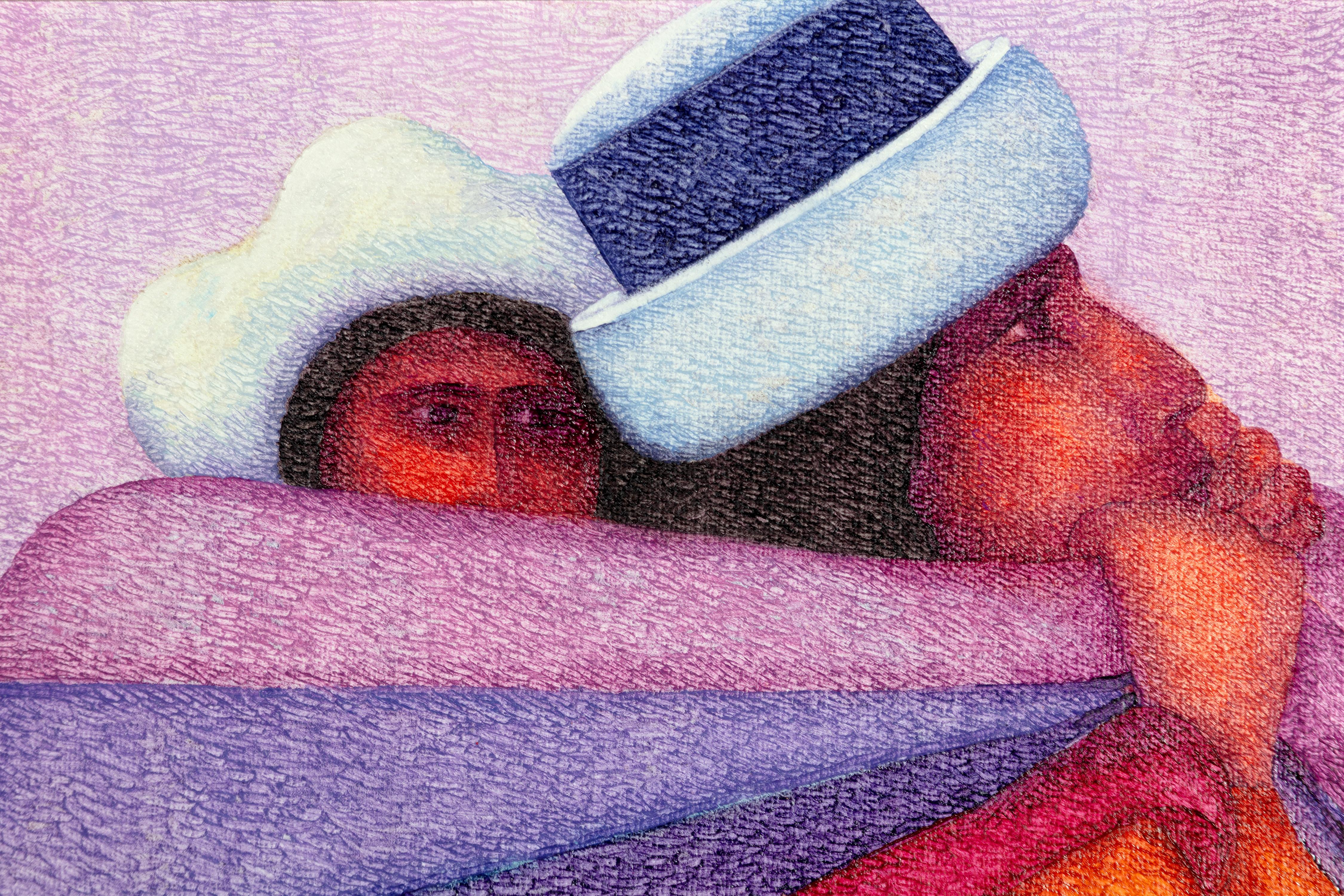 Quadro figurativo contemporaneo ad olio con texture madre e figlio colorato firmato - Figurative Painting Viola di Ernesto Gutierrez (b.1941)