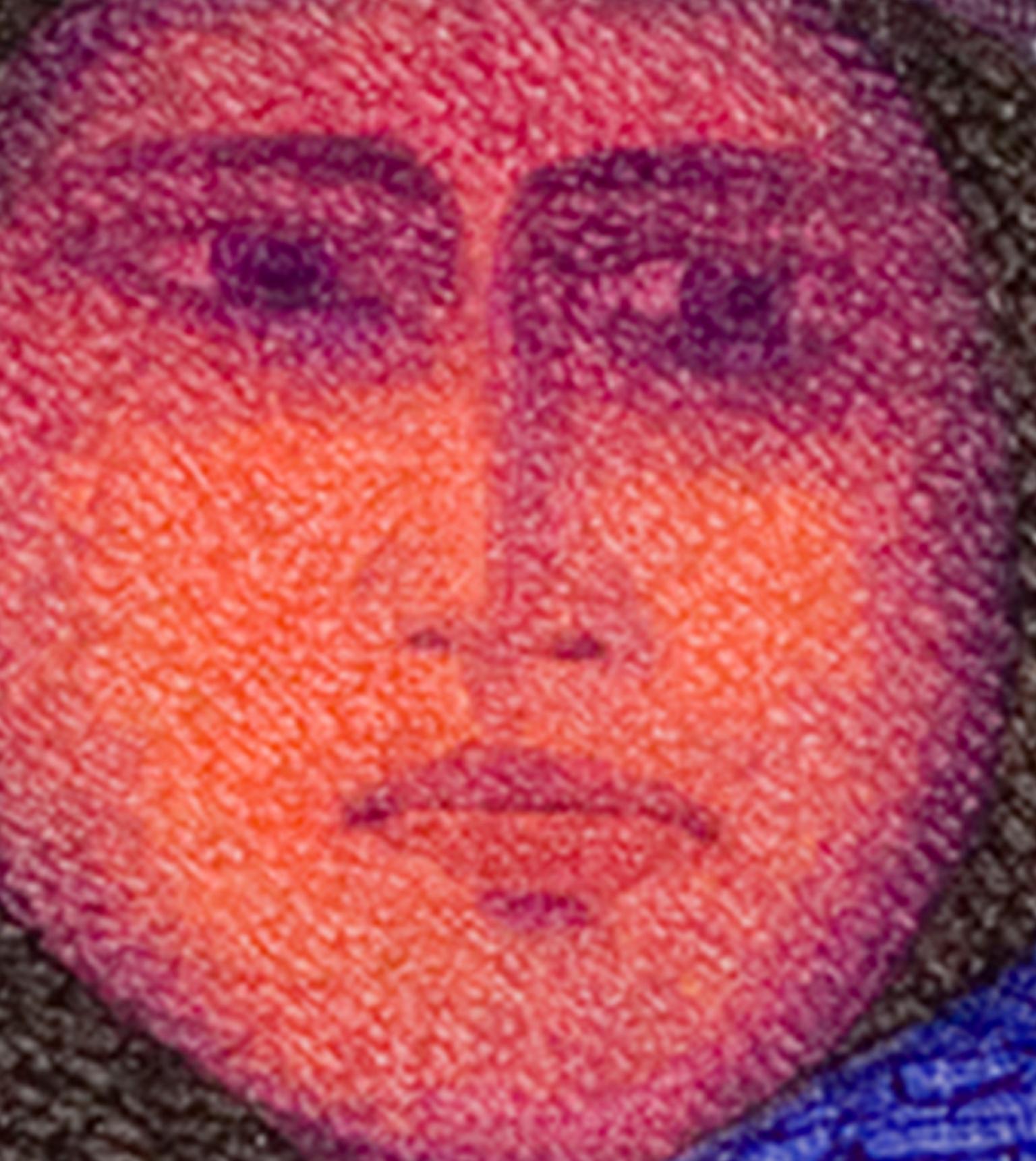 Quadro figurativo contemporaneo ad olio con texture madre e figlio colorato firmato - Figurative Painting Viola di Ernesto Gutierrez (b.1941)