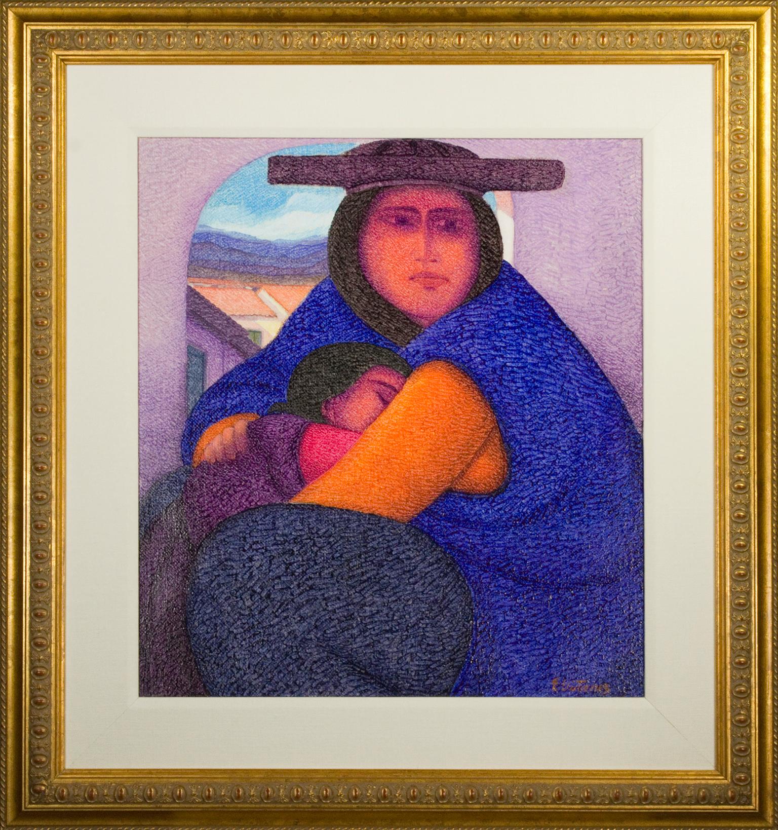Quadro figurativo contemporaneo ad olio con texture madre e figlio colorato firmato in vendita 1