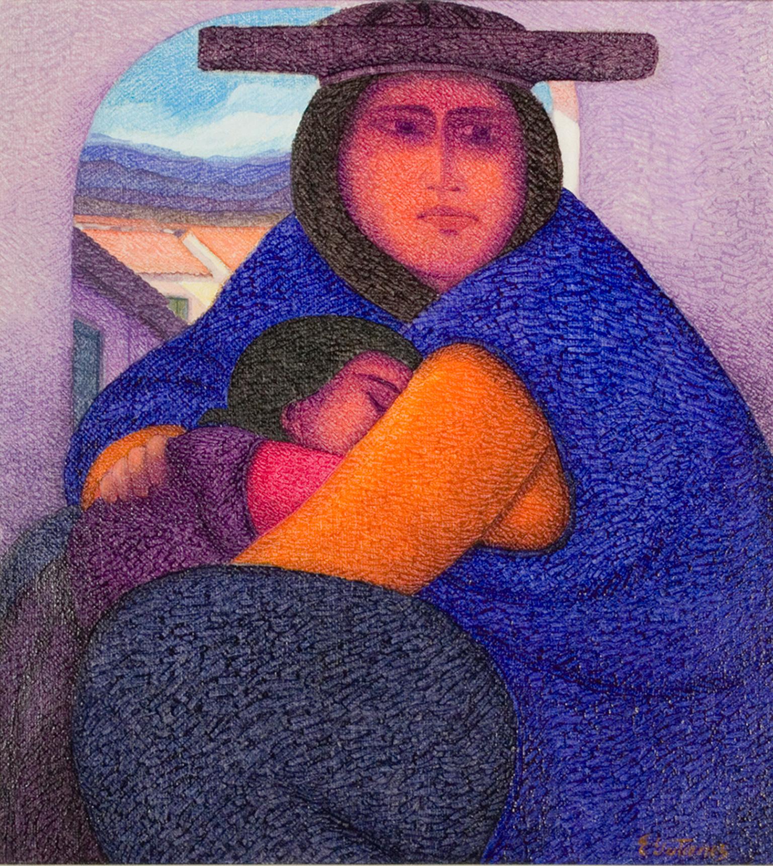 "Madre Joven (Young Mother), " Oil Painting on Jute signed by Ernesto Gutierrez