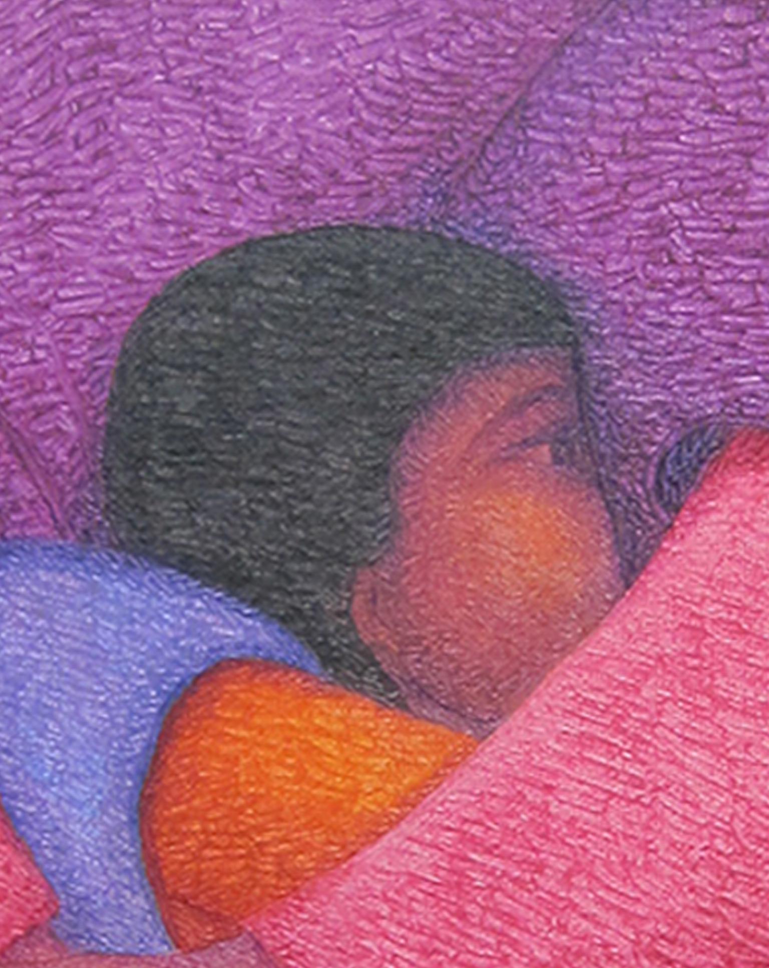 « Mère de Cajamarca », huile sur jute signée par Ernesto Gutierrez - Gris Figurative Painting par Ernesto Gutierrez (b.1941)