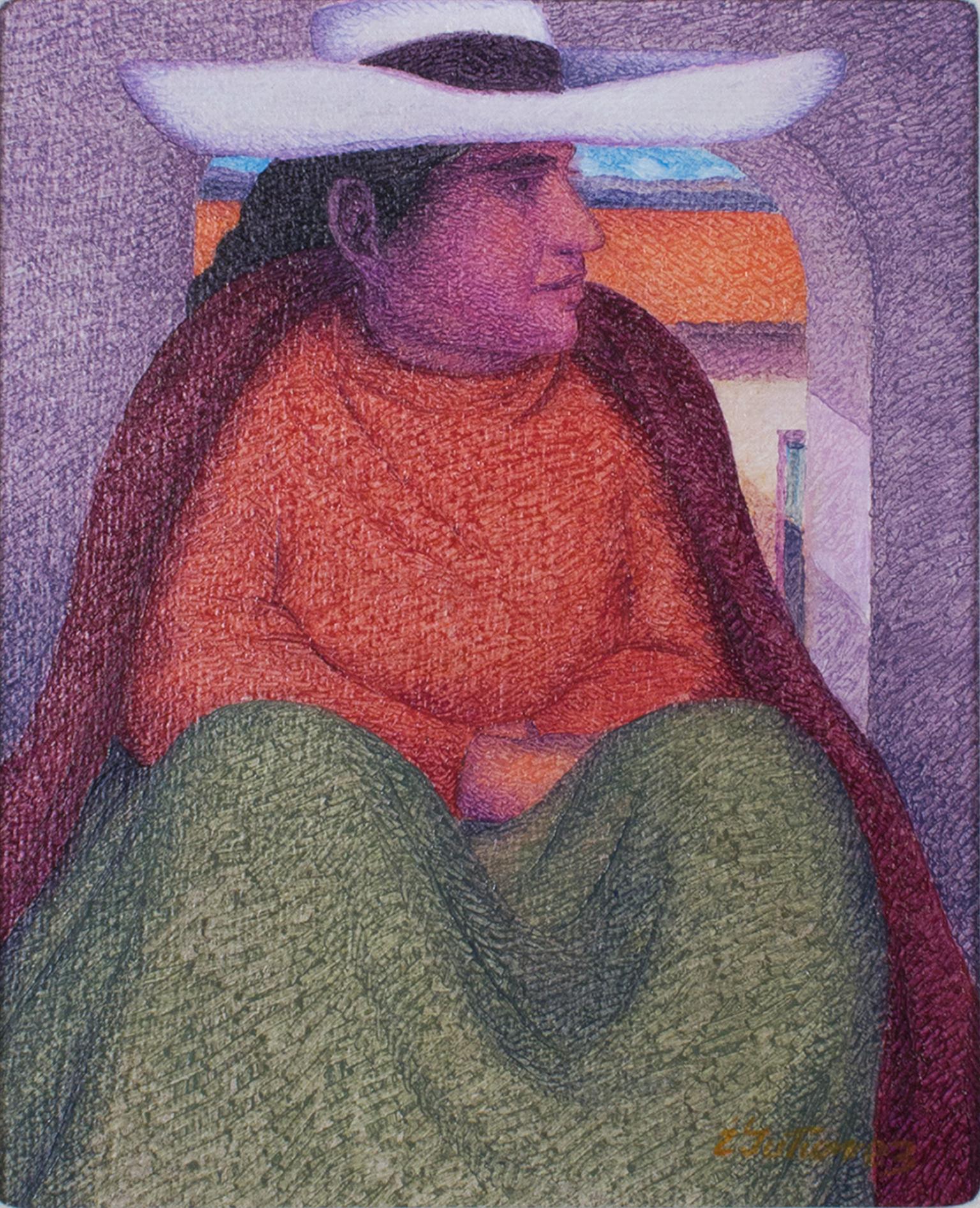 "Mujer de Cajamarca", Peinture à l'huile sur jute signée par Ernesto Gutierrez