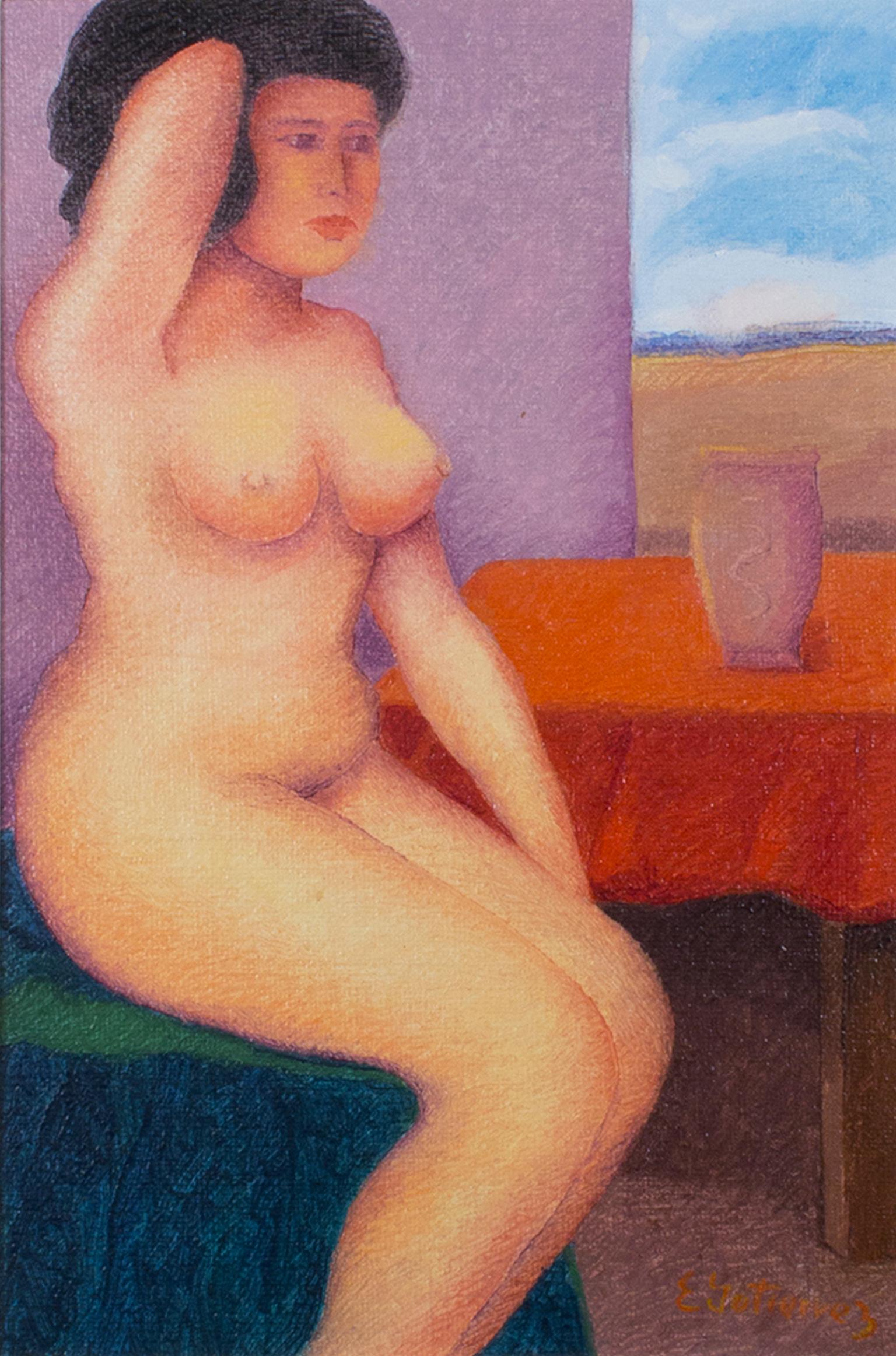 Ernesto Gutierrez (b.1941) Nude Painting - "Nude Awakening, " Oil Painting on Jute Portrait signed by Ernesto Gutierrez