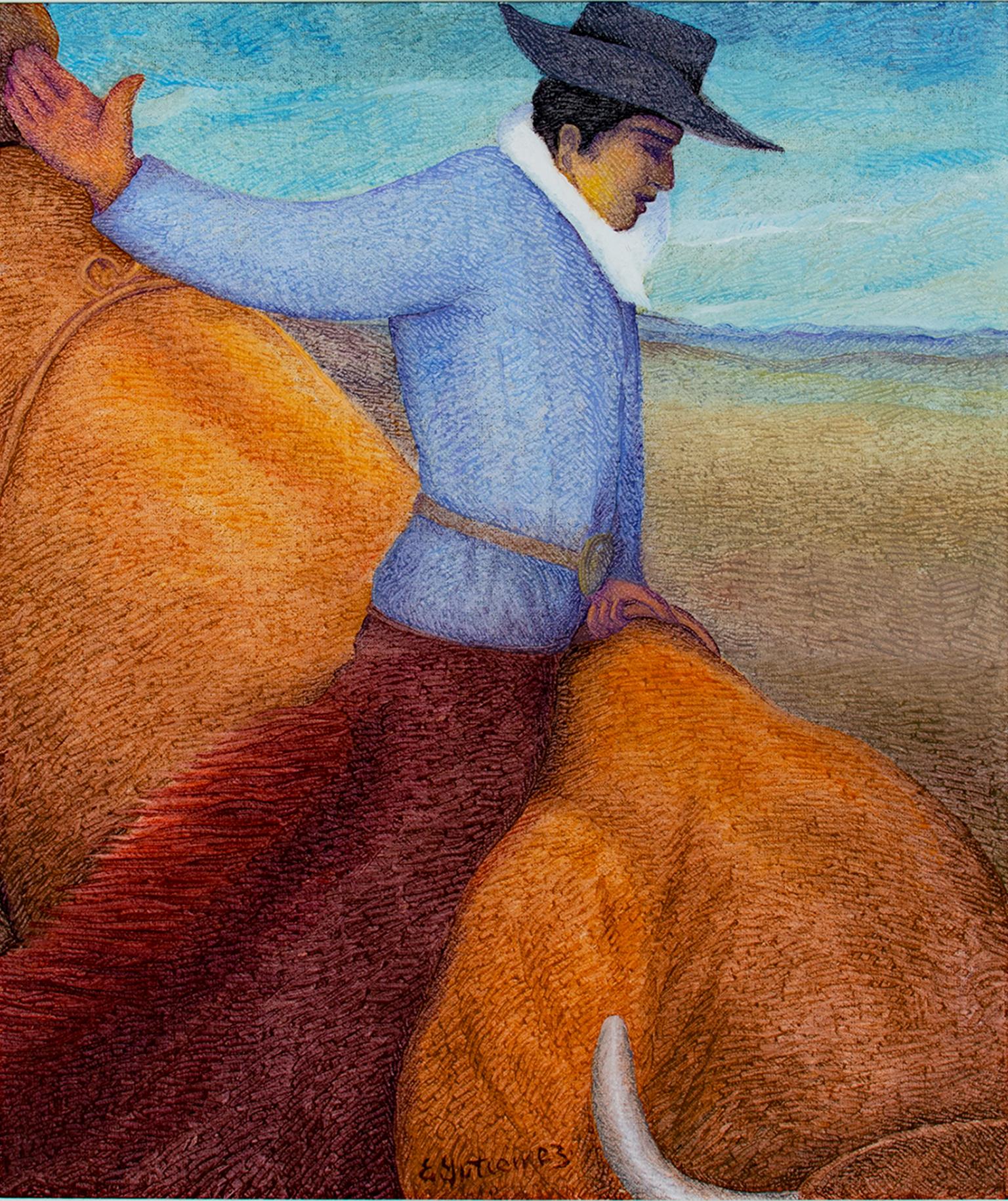 Ernesto Gutierrez (b.1941) Animal Painting - "Rodeo - Southwest, " Oil on Jute signed by Ernesto Gutierrez