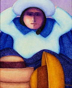 Peinture à l'huile contemporaine figurative texturée femme avec chapeaux colorés signée
