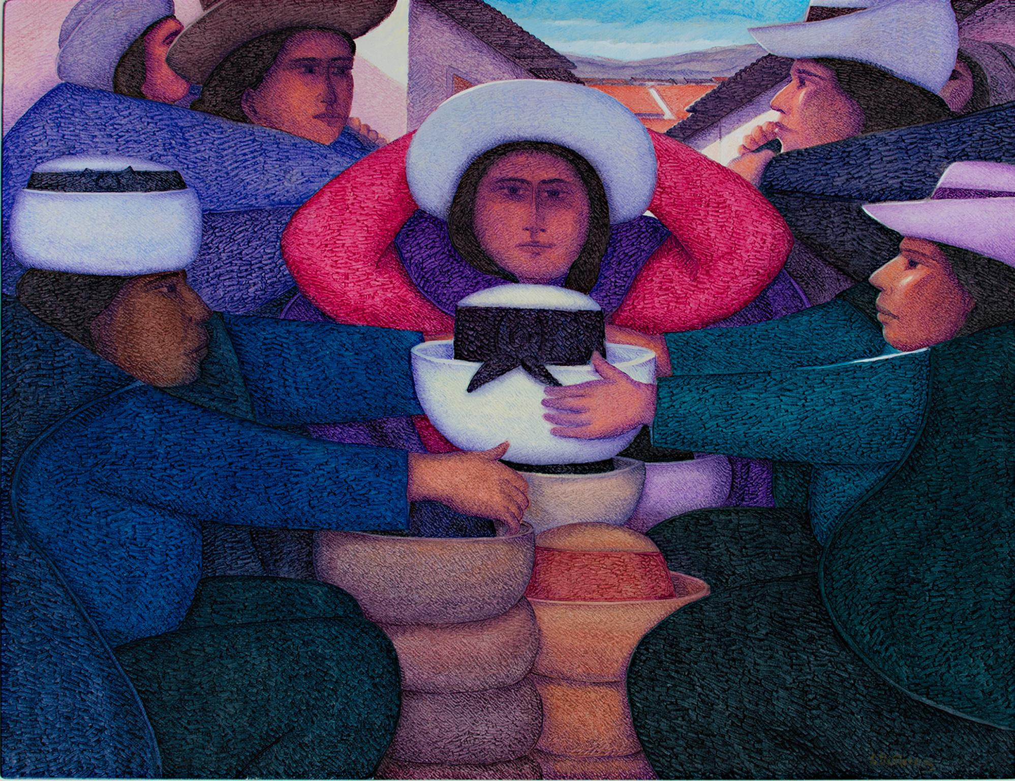 Ernesto Gutierrez (b.1941) Figurative Painting - "Sombrero Blanco, " Oil on Jute Gathering of People signed by Ernesto Gutierrez