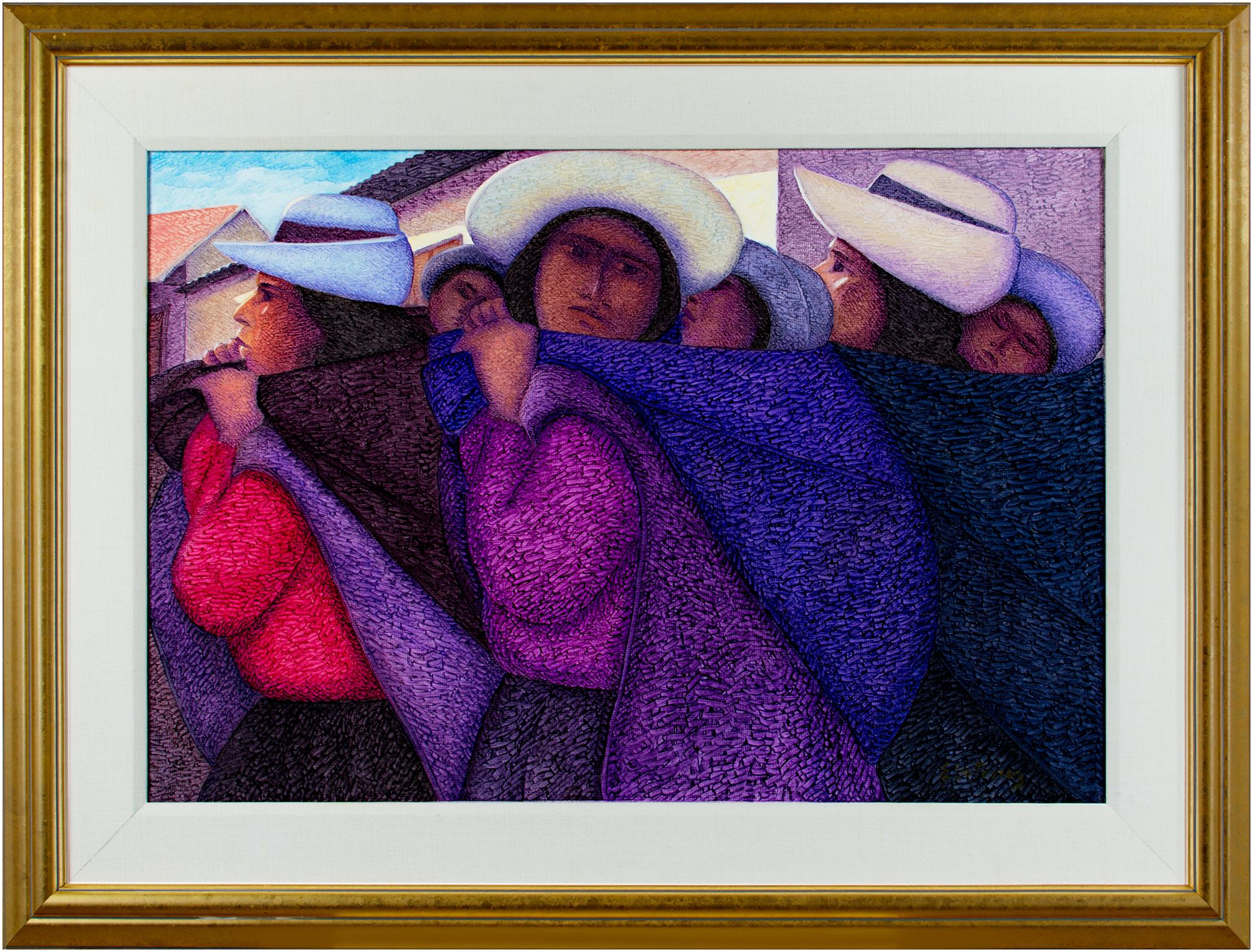 Contemporary figurative textured oil painting women street colorful signed - Purple Figurative Painting by Ernesto Gutierrez (b.1941)