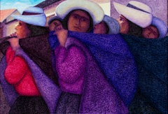 Quadro figurativo contemporaneo ad olio con texture donna strada colorata firmato
