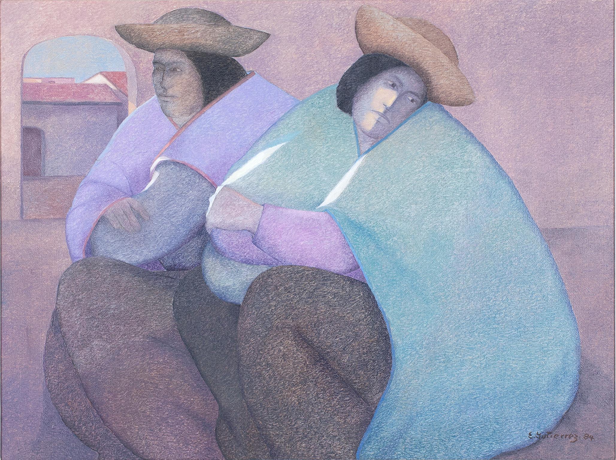 Ernesto Gutierrez (b.1941) Figurative Painting - "Two Women Resting, " Oil Painting on Jute signed by Ernesto Gutierrez