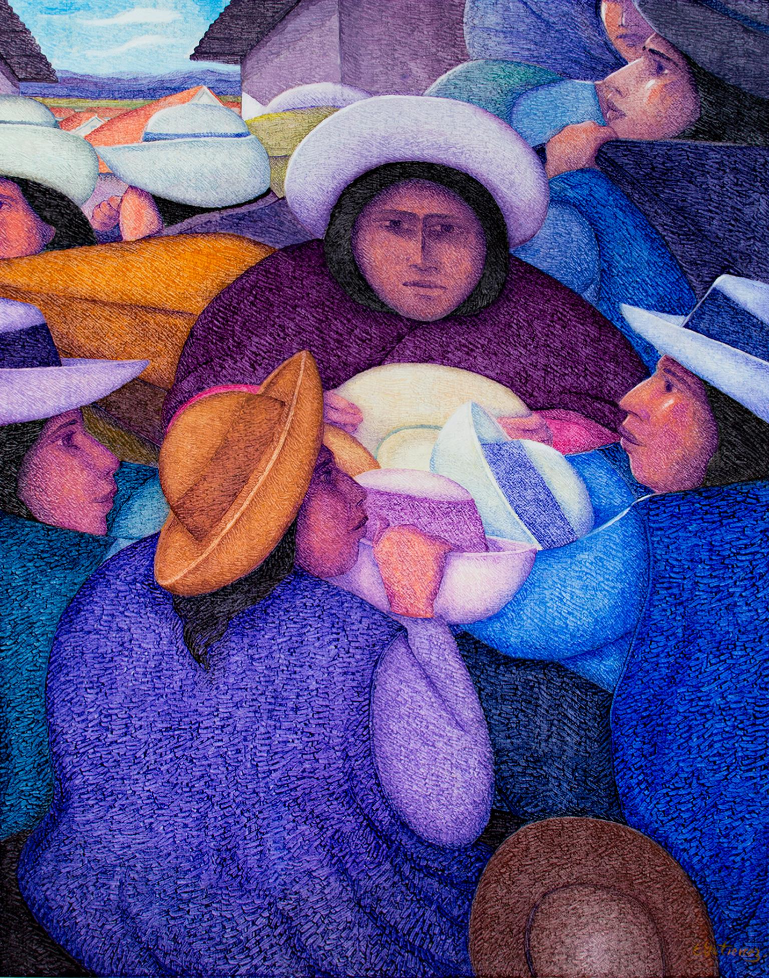 "Vendedora de Sombreros", Peinture à l'huile sur jute signée par Ernesto Gutierrez