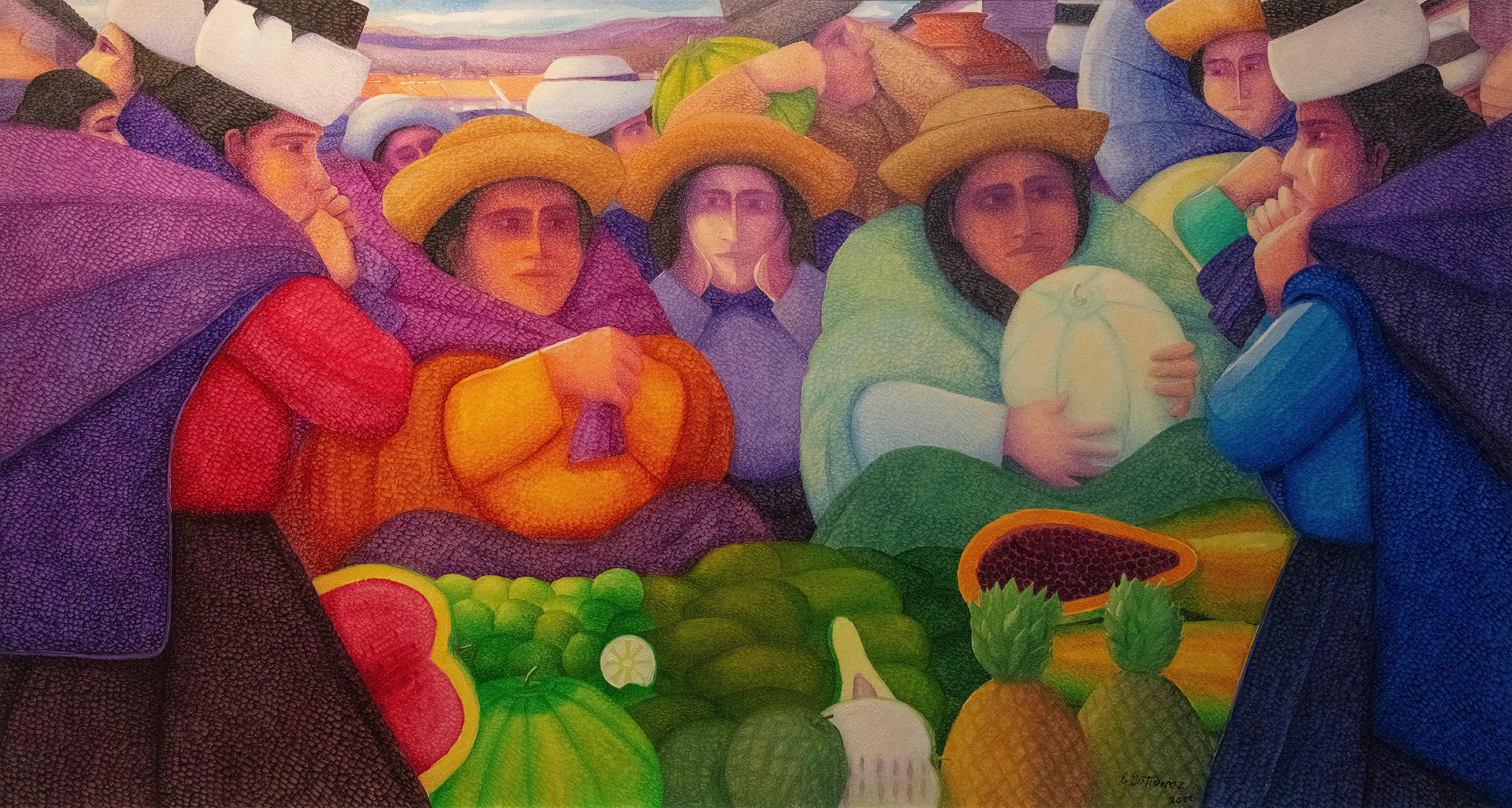 Obst Lebensmittel Latino Weibliche Figuren Markt Modern Contemporary Bright Life Signiert (Zeitgenössisch), Painting, von Ernesto Gutierrez (b.1941)