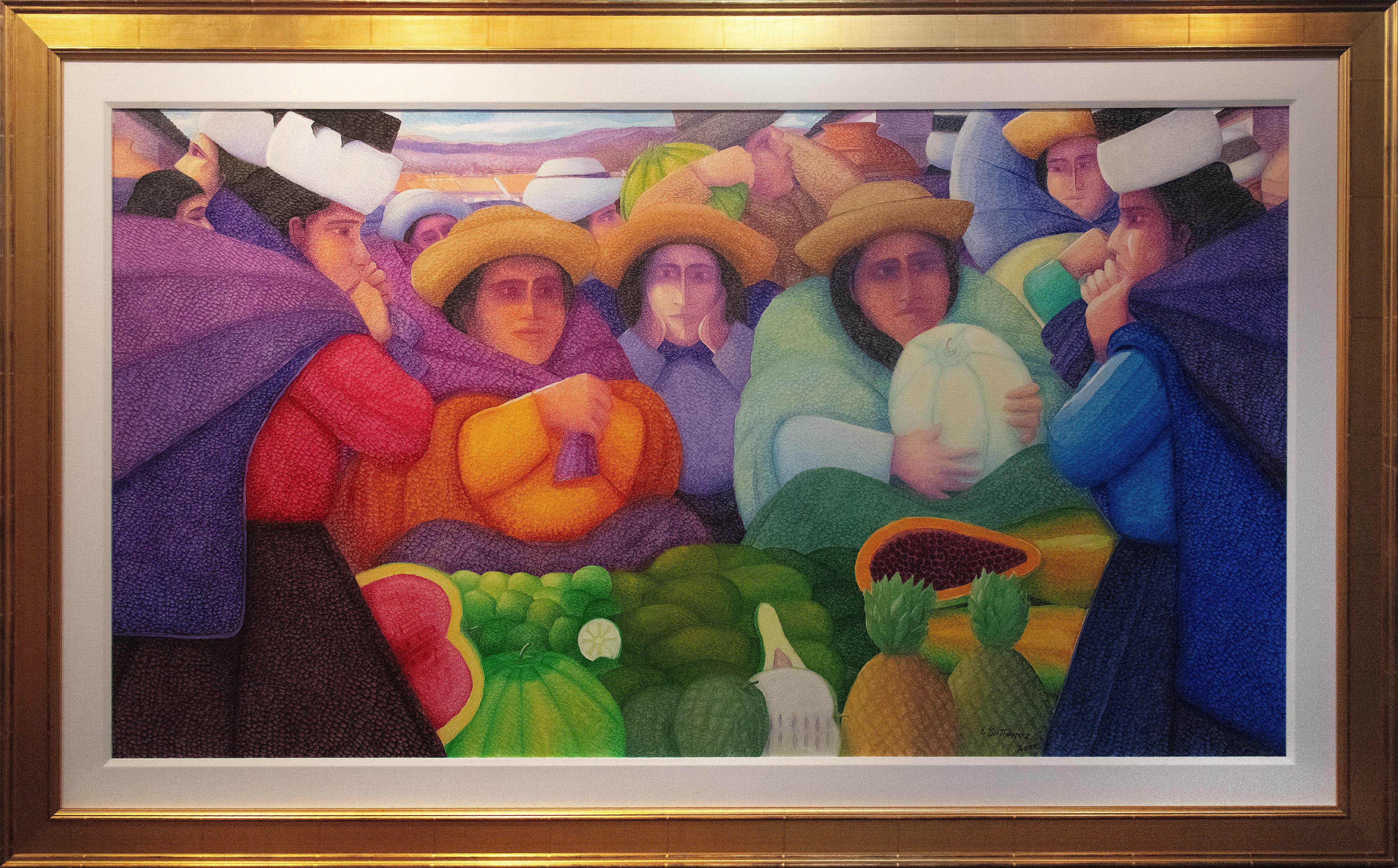 Obst Lebensmittel Latino Weibliche Figuren Markt Modern Contemporary Bright Life Signiert – Painting von Ernesto Gutierrez (b.1941)