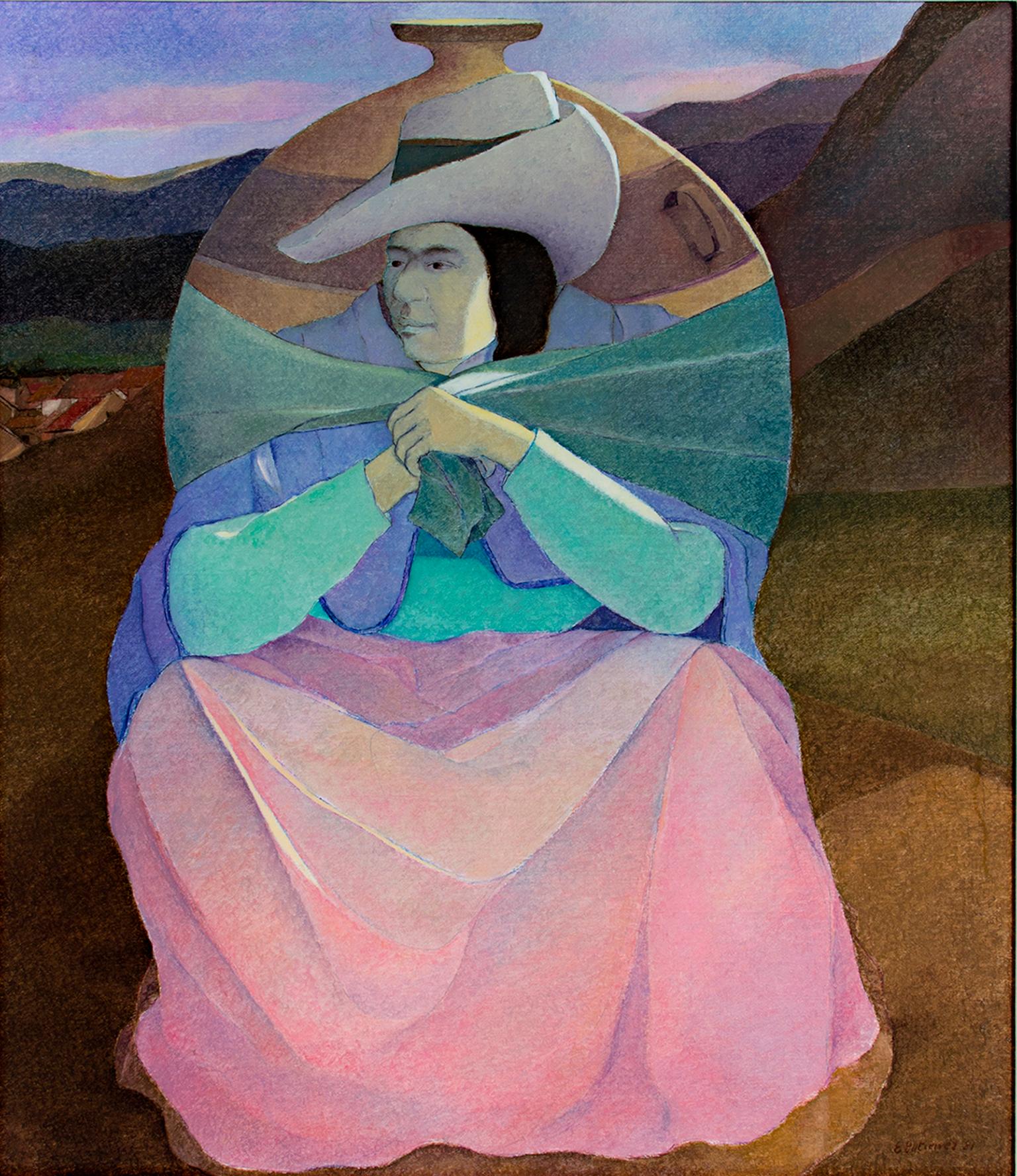Peinture à l'huile contemporaine figurative texturée femme avec vase coloré signée