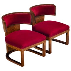 Ernesto Lapadula Pair of Lounge Chairs in Walnut Burl and Red Velvet Upholstery