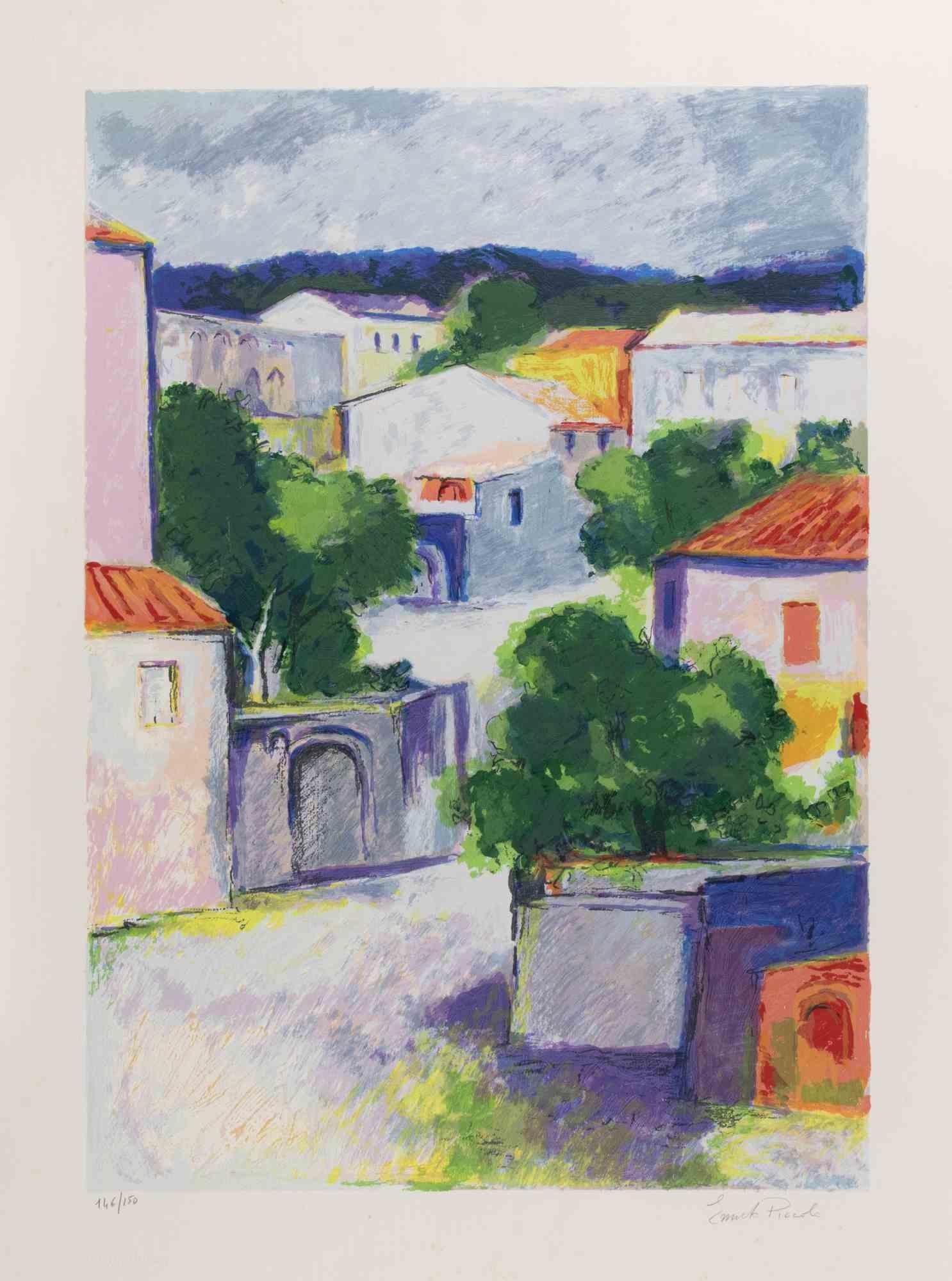 Lithograph on wove paper.

Edition of 150.

Hand signed and numbered in pencil.

This vibrant lithograph by Ernesto Piccolo depicts a sunlit Mediterranean village, rendered in luminous tones of green, violet, and terracotta. The composition unfolds