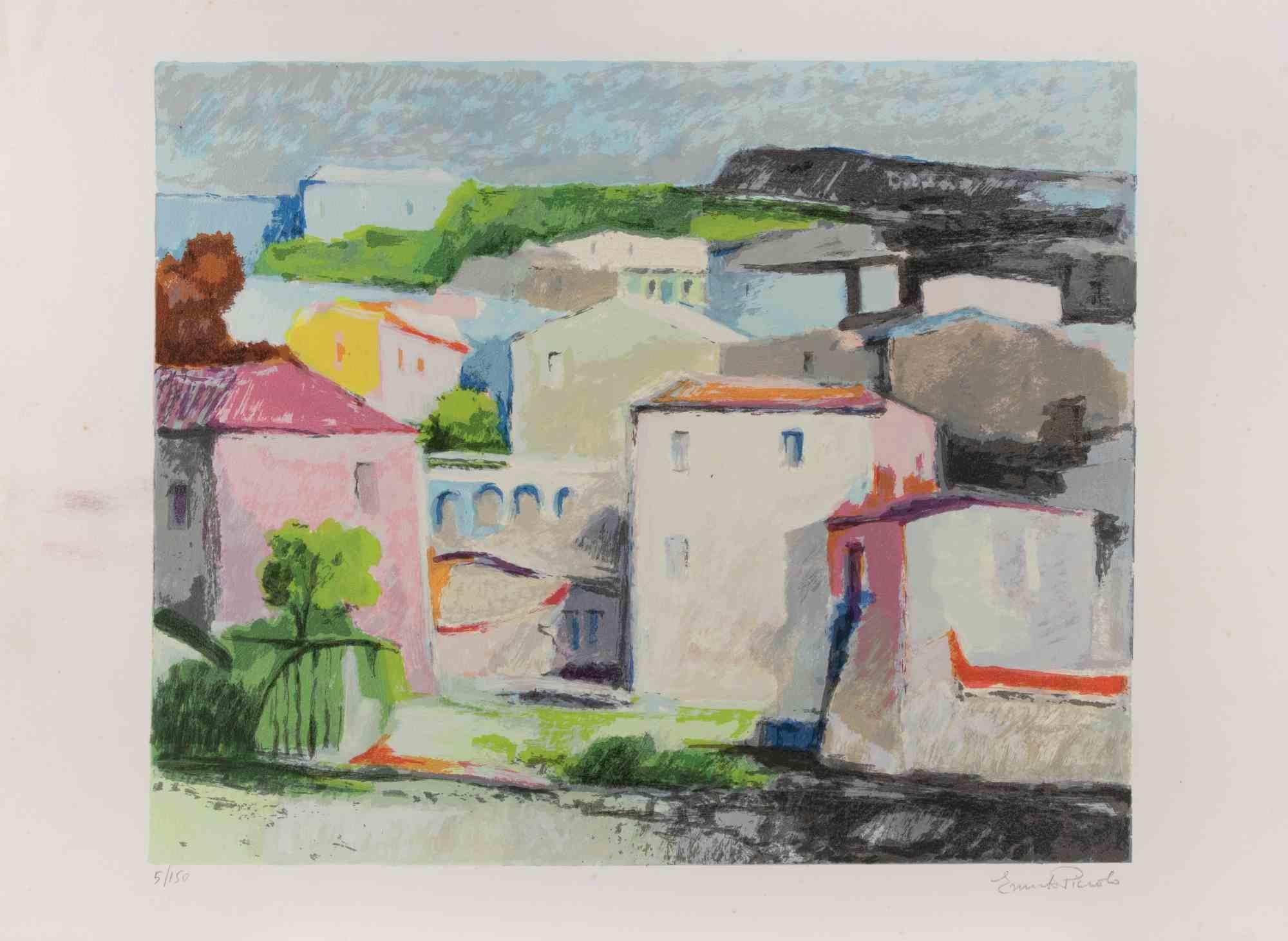 Lithograph on wove paper.

Edition of 150.

Hand signed and numbered in pencil.

This vibrant lithograph by Ernesto Piccolo depicts a sunlit Mediterranean village, rendered in luminous tones of green, violet, and terracotta. The composition unfolds