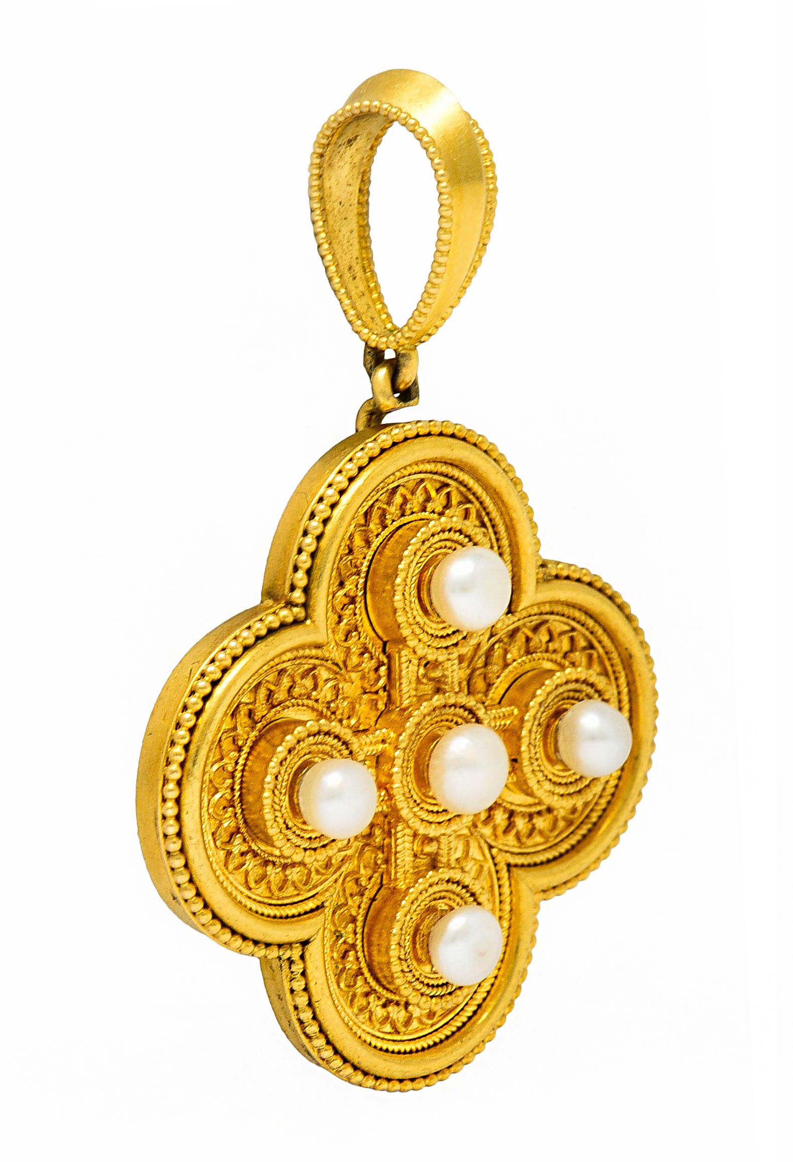 Pendant is a quatrefoil form decorated with twisted rope motif, gold beading, and a stylized foliate motif

Featuring four natural button pearls measuring from 4.0 mm to 5.0 mm

Well matched in white body color with moderate overtones and excellent