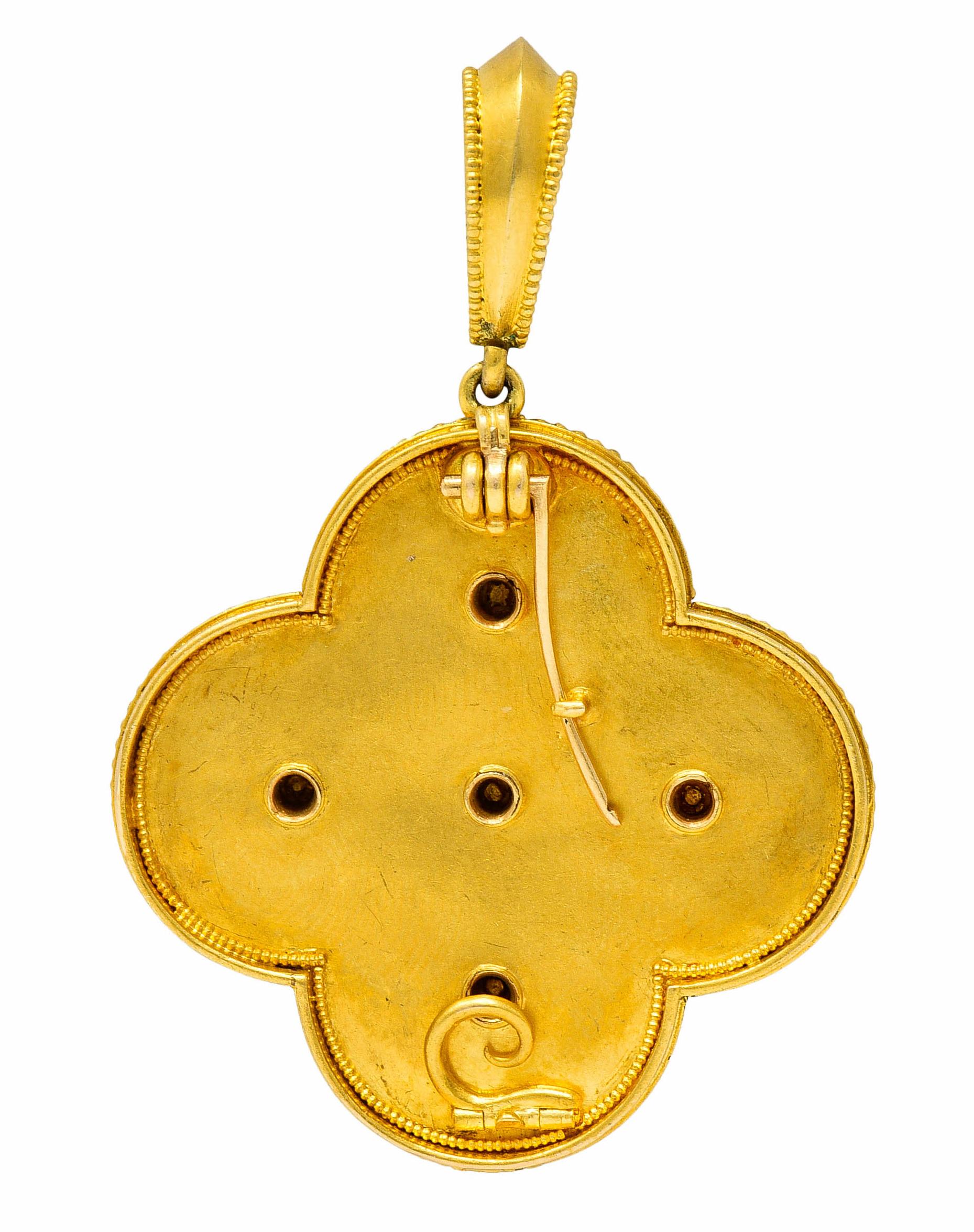 Uncut Ernesto Pierret Etruscan Revival Natural Pearl 18 Karat Gold Quatrefoil Pendant