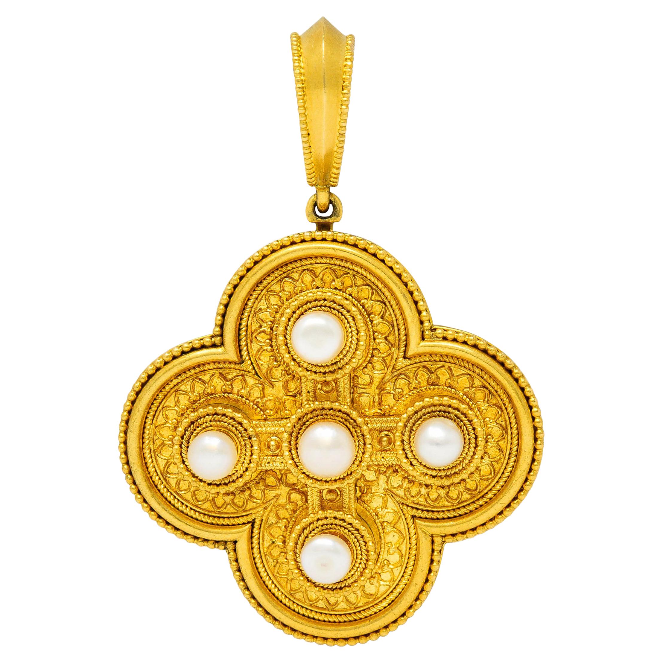 Ernesto Pierret Etruscan Revival Natural Pearl 18 Karat Gold Quatrefoil Pendant